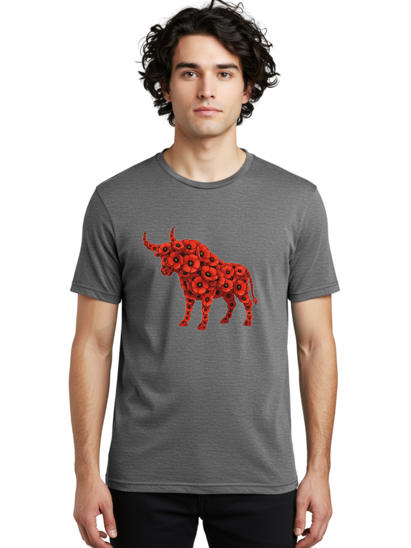 Bull-With-Poppies Men'S Graphic Tee, 100% Cotton, Comfortable Casual Summer Wear, Machine Washable, Red Poppy Flowers, Floral Bull, Bull Silhouette, Vibrant Flowers, Botanical Art, Floral Design, Bull Design, Flowers Bae141