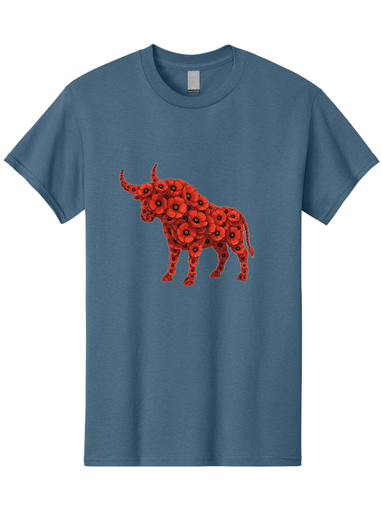 Bull-With-Poppies Men'S Graphic Tee, 100% Cotton, Comfortable Casual Summer Wear, Machine Washable, Red Poppy Flowers, Floral Bull, Bull Silhouette, Vibrant Flowers, Botanical Art, Floral Design, Bull Design, Flowers Bae141