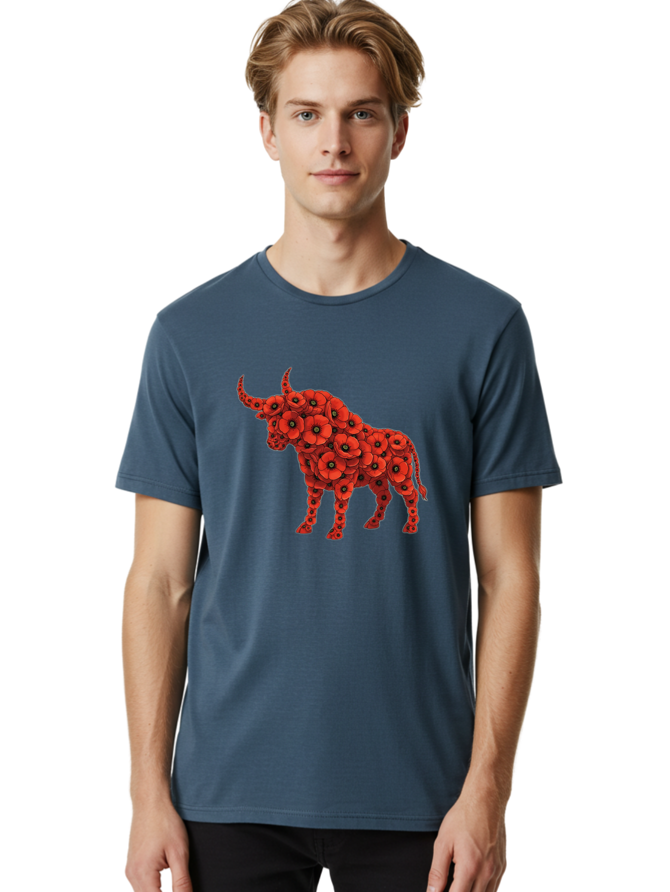 Bull-With-Poppies Men'S Graphic Tee, 100% Cotton, Comfortable Casual Summer Wear, Machine Washable, Red Poppy Flowers, Floral Bull, Bull Silhouette, Vibrant Flowers, Botanical Art, Floral Design, Bull Design, Flowers Bae141