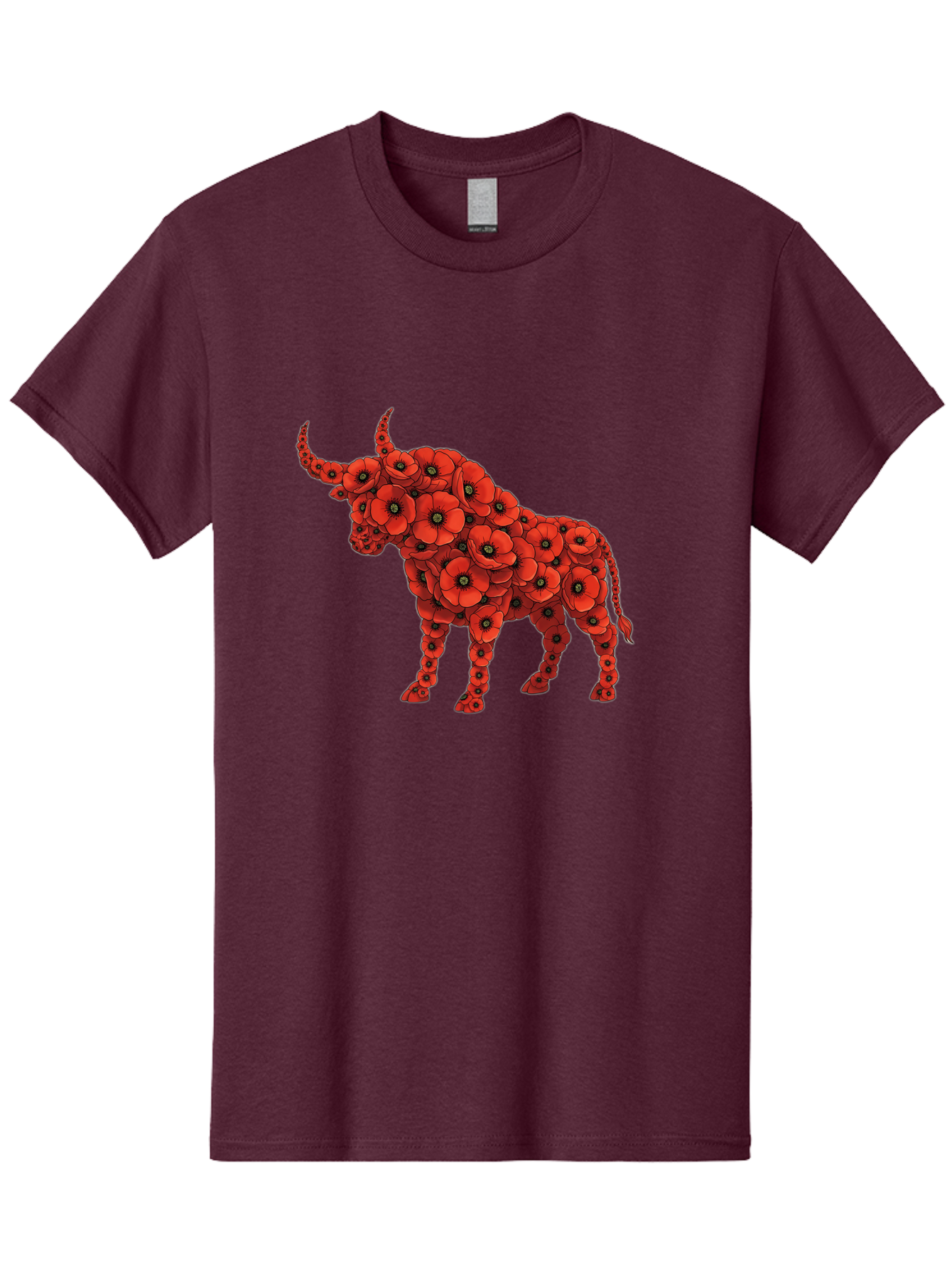 Bull-With-Poppies Men'S Graphic Tee, 100% Cotton, Comfortable Casual Summer Wear, Machine Washable, Red Poppy Flowers, Floral Bull, Bull Silhouette, Vibrant Flowers, Botanical Art, Floral Design, Bull Design, Flowers Bae141