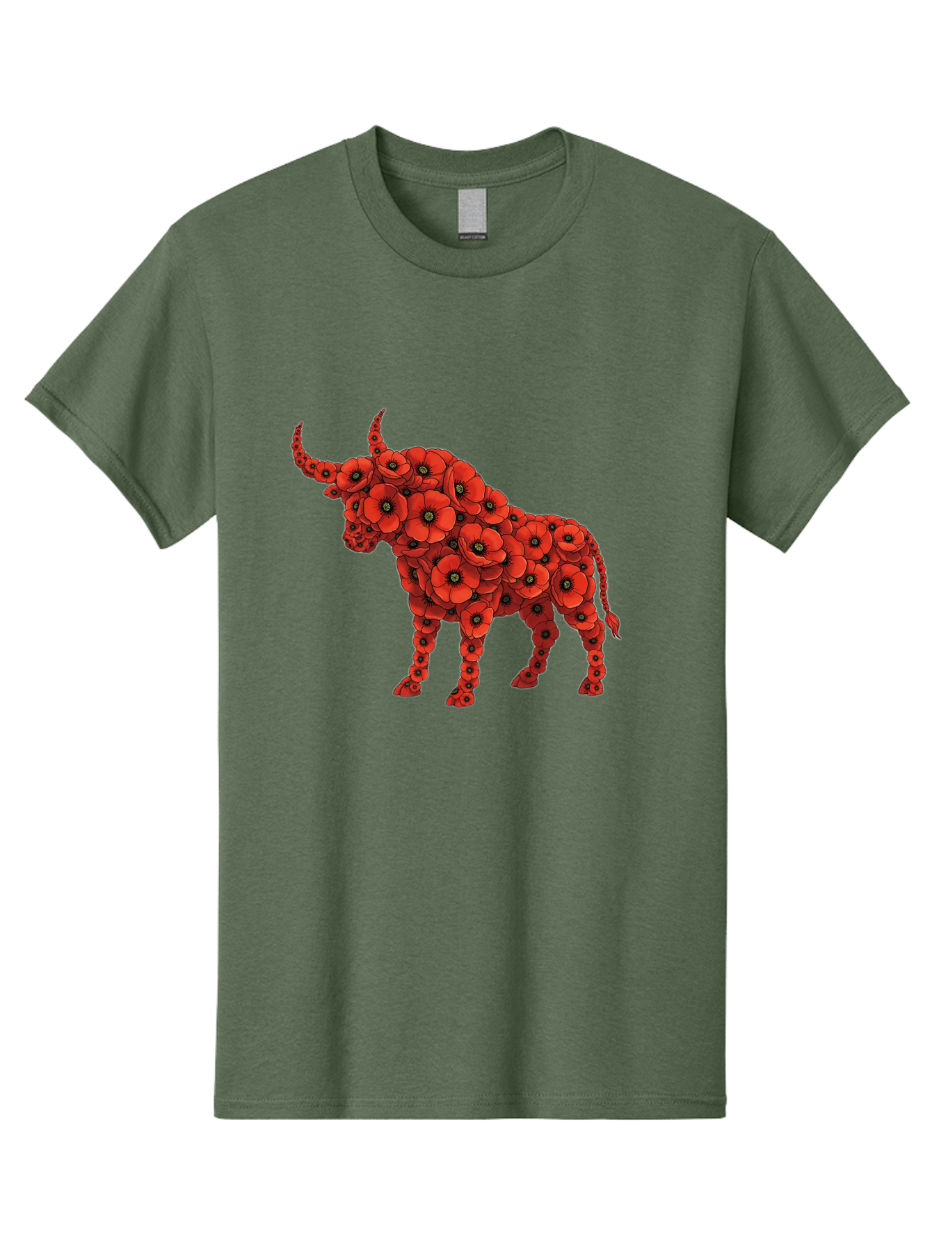 Bull-With-Poppies Men'S Graphic Tee, 100% Cotton, Comfortable Casual Summer Wear, Machine Washable, Red Poppy Flowers, Floral Bull, Bull Silhouette, Vibrant Flowers, Botanical Art, Floral Design, Bull Design, Flowers Bae141