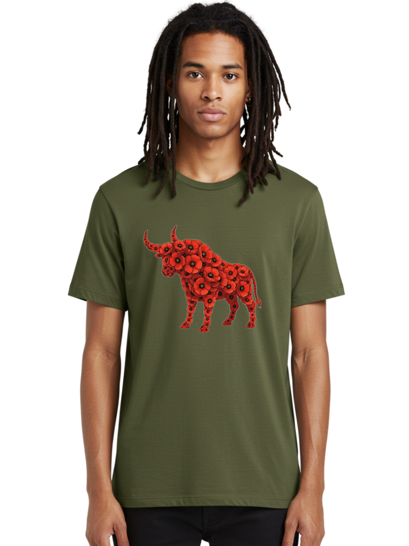 Bull-With-Poppies Men'S Graphic Tee, 100% Cotton, Comfortable Casual Summer Wear, Machine Washable, Red Poppy Flowers, Floral Bull, Bull Silhouette, Vibrant Flowers, Botanical Art, Floral Design, Bull Design, Flowers Bae141