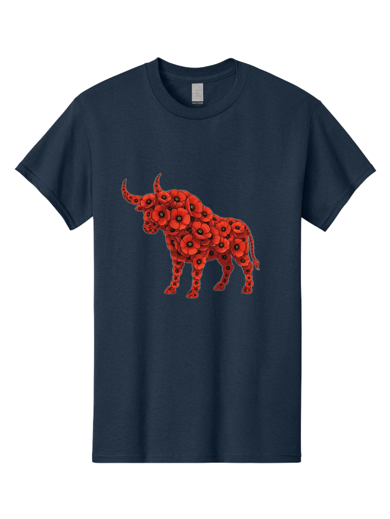 Bull-With-Poppies Men'S Graphic Tee, 100% Cotton, Comfortable Casual Summer Wear, Machine Washable, Red Poppy Flowers, Floral Bull, Bull Silhouette, Vibrant Flowers, Botanical Art, Floral Design, Bull Design, Flowers Bae141