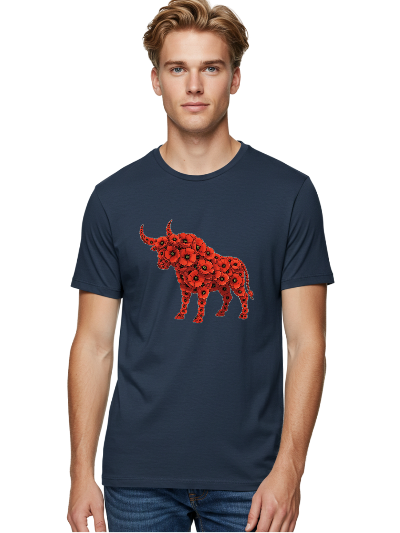 Bull-With-Poppies Men'S Graphic Tee, 100% Cotton, Comfortable Casual Summer Wear, Machine Washable, Red Poppy Flowers, Floral Bull, Bull Silhouette, Vibrant Flowers, Botanical Art, Floral Design, Bull Design, Flowers Bae141