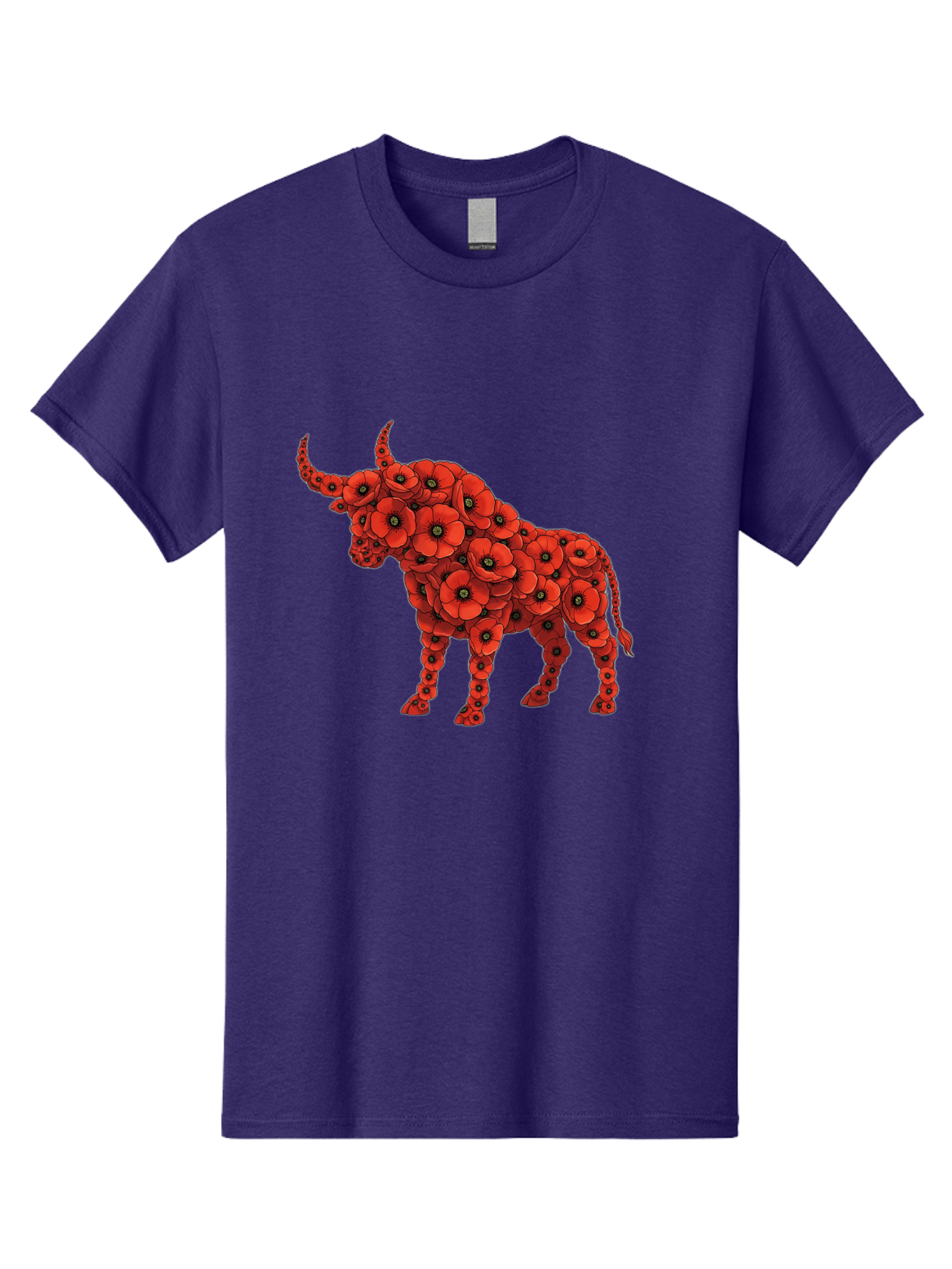 Bull-With-Poppies Men'S Graphic Tee, 100% Cotton, Comfortable Casual Summer Wear, Machine Washable, Red Poppy Flowers, Floral Bull, Bull Silhouette, Vibrant Flowers, Botanical Art, Floral Design, Bull Design, Flowers Bae141