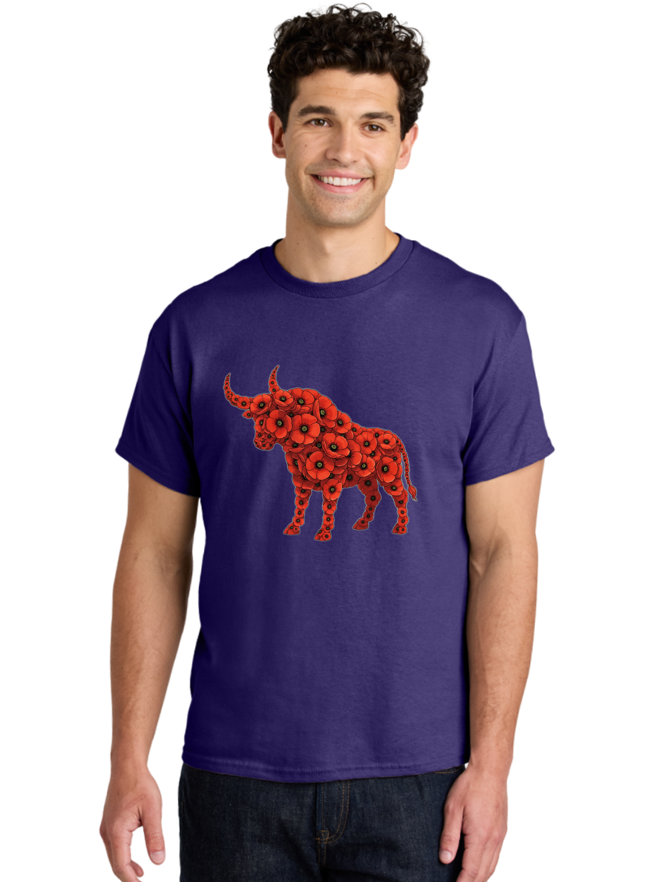 Bull-With-Poppies Men'S Graphic Tee, 100% Cotton, Comfortable Casual Summer Wear, Machine Washable, Red Poppy Flowers, Floral Bull, Bull Silhouette, Vibrant Flowers, Botanical Art, Floral Design, Bull Design, Flowers Bae141