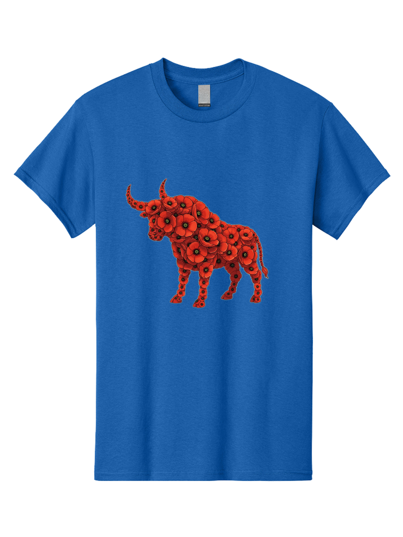 Bull-With-Poppies Men'S Graphic Tee, 100% Cotton, Comfortable Casual Summer Wear, Machine Washable, Red Poppy Flowers, Floral Bull, Bull Silhouette, Vibrant Flowers, Botanical Art, Floral Design, Bull Design, Flowers Bae141