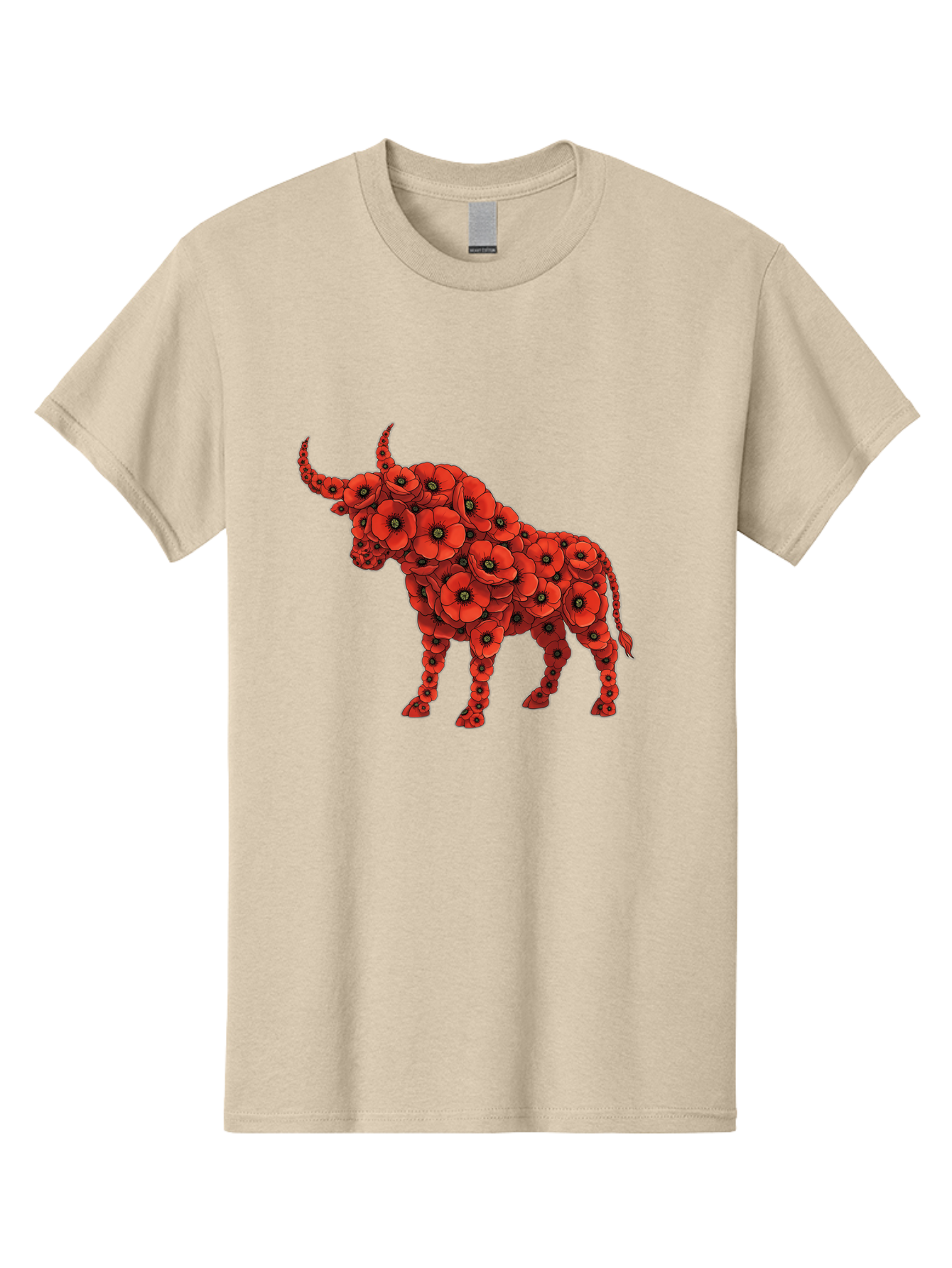 Bull-With-Poppies Men'S Graphic Tee, 100% Cotton, Comfortable Casual Summer Wear, Machine Washable, Red Poppy Flowers, Floral Bull, Bull Silhouette, Vibrant Flowers, Botanical Art, Floral Design, Bull Design, Flowers Bae141