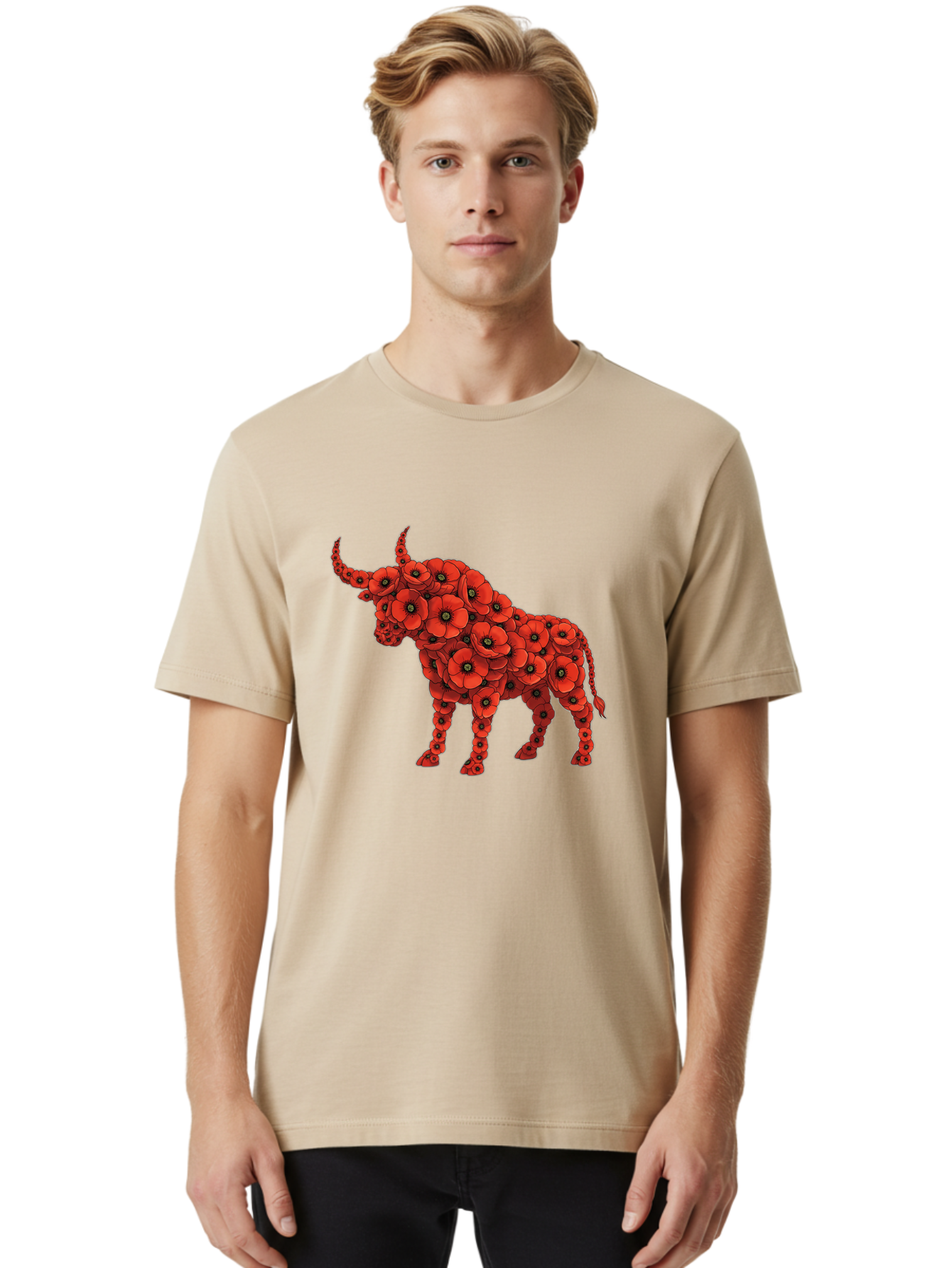 Bull-With-Poppies Men'S Graphic Tee, 100% Cotton, Comfortable Casual Summer Wear, Machine Washable, Red Poppy Flowers, Floral Bull, Bull Silhouette, Vibrant Flowers, Botanical Art, Floral Design, Bull Design, Flowers Bae141