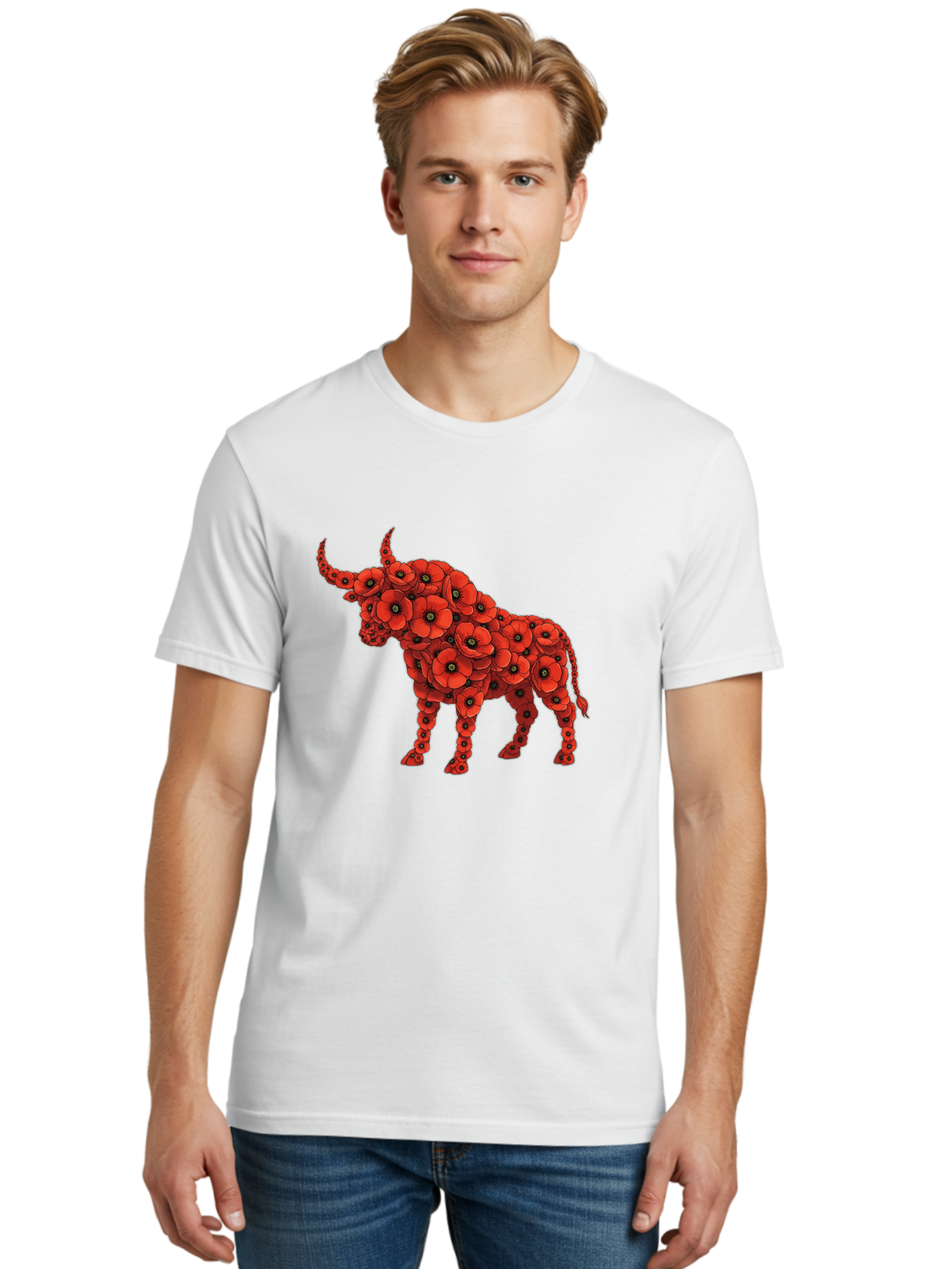 Bull-With-Poppies Men'S Graphic Tee, 100% Cotton, Comfortable Casual Summer Wear, Machine Washable, Red Poppy Flowers, Floral Bull, Bull Silhouette, Vibrant Flowers, Botanical Art, Floral Design, Bull Design, Flowers Bae141