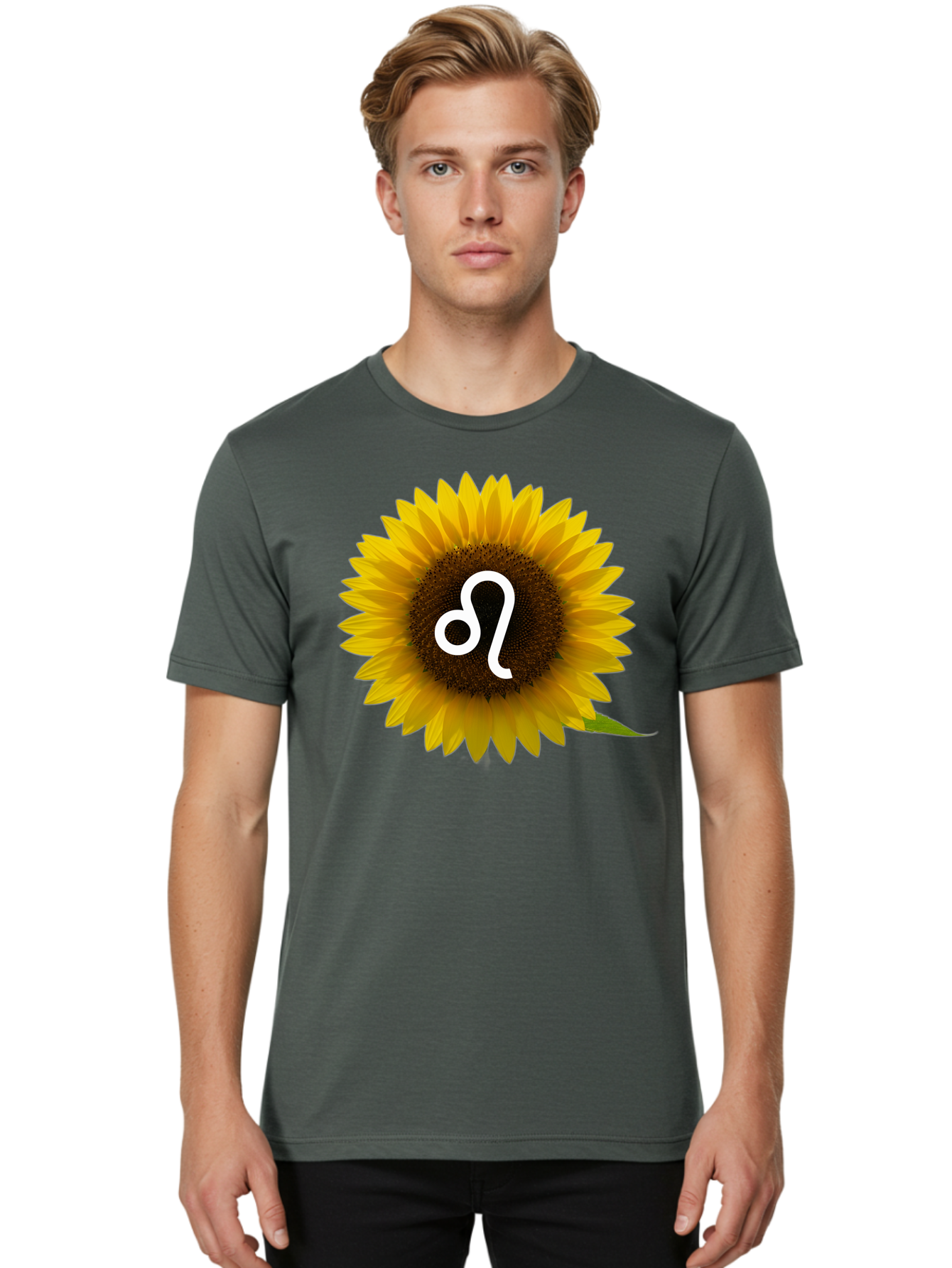 Cancer-Zodiac-Symbol-Sunflower Men'S Graphic Tee, 100% Cotton, Comfortable Casual Summer Wear, Machine Washable, Sunflower With Leo Zodiac Symbol, Astrology Sign, Horoscope, Floral Representation, Vibrant Yellow Petals, Symbolic Astrology, Bae143