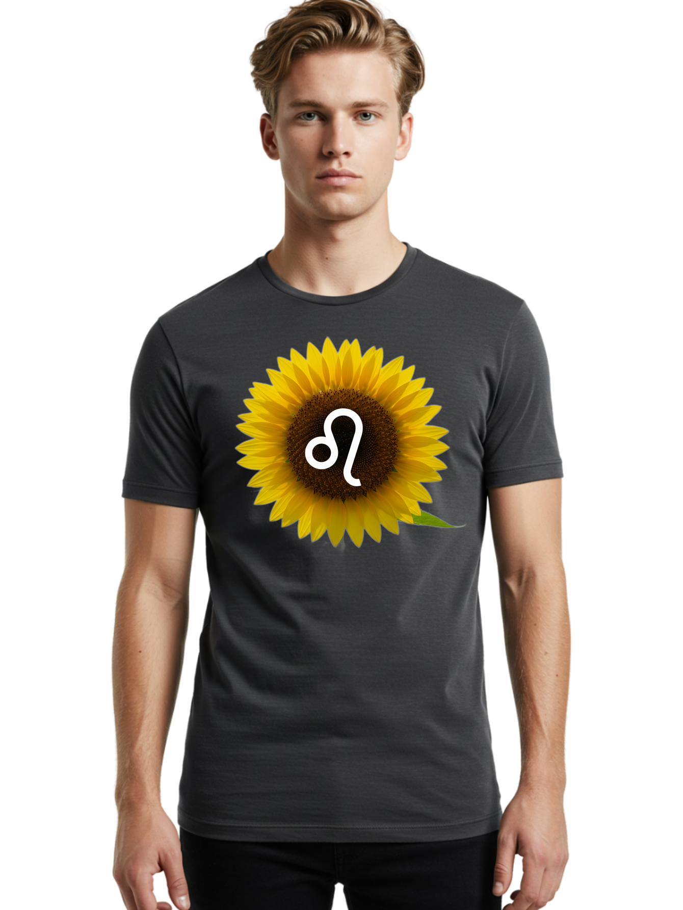 Cancer-Zodiac-Symbol-Sunflower Men'S Graphic Tee, 100% Cotton, Comfortable Casual Summer Wear, Machine Washable, Sunflower With Leo Zodiac Symbol, Astrology Sign, Horoscope, Floral Representation, Vibrant Yellow Petals, Symbolic Astrology, Bae143