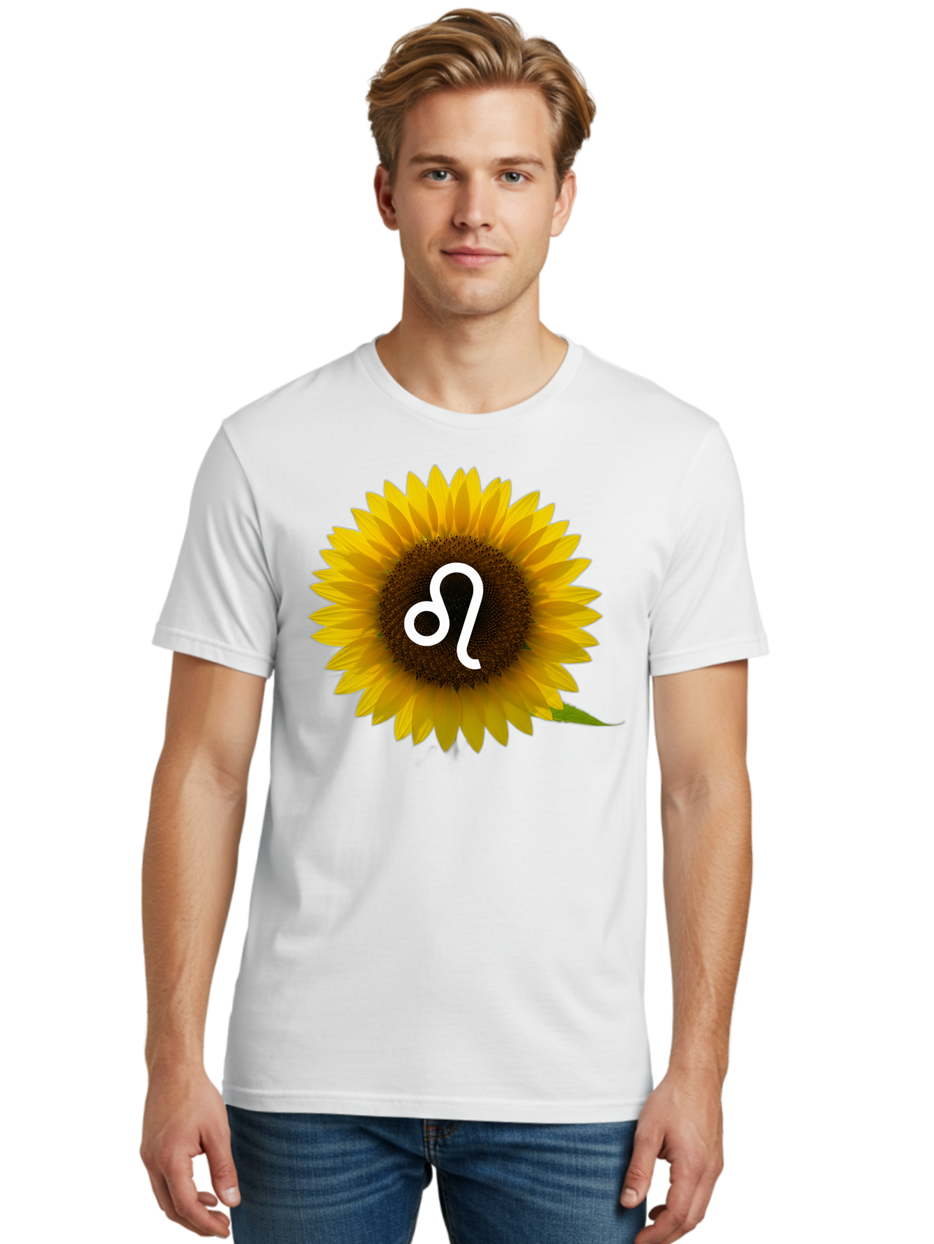 Cancer-Zodiac-Symbol-Sunflower Men'S Graphic Tee, 100% Cotton, Comfortable Casual Summer Wear, Machine Washable, Sunflower With Leo Zodiac Symbol, Astrology Sign, Horoscope, Floral Representation, Vibrant Yellow Petals, Symbolic Astrology, Bae143