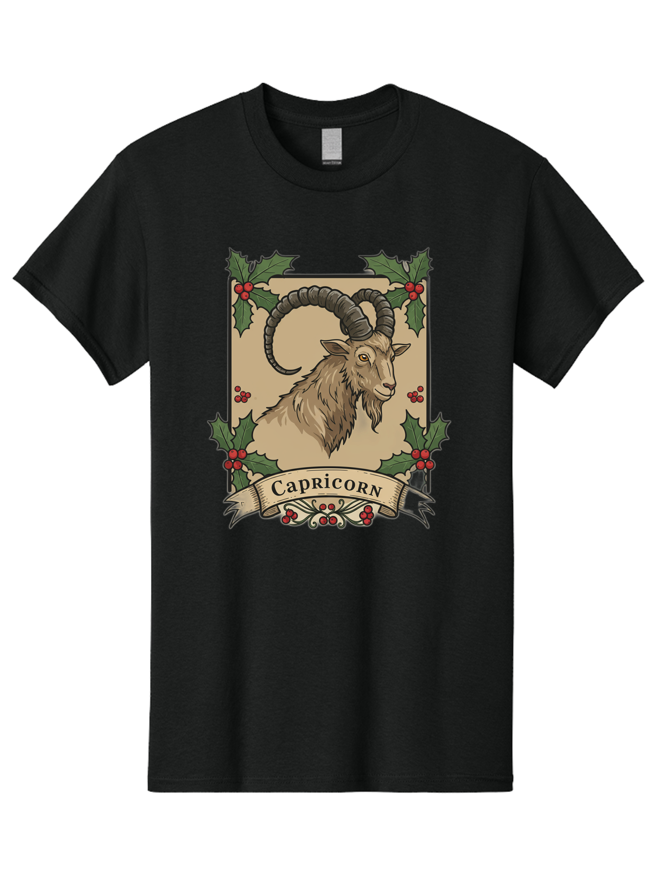 Capricorn-Goat Men'S Graphic Tee, 100% Cotton, Comfortable Casual Summer Wear, Machine Washable, Capricorn Zodiac Sign, Goat Illustration, Curved Horns, Vintage Design, Holly Leaves, Red Berries, Decorative Banner, Astrology Symbol, Bae146