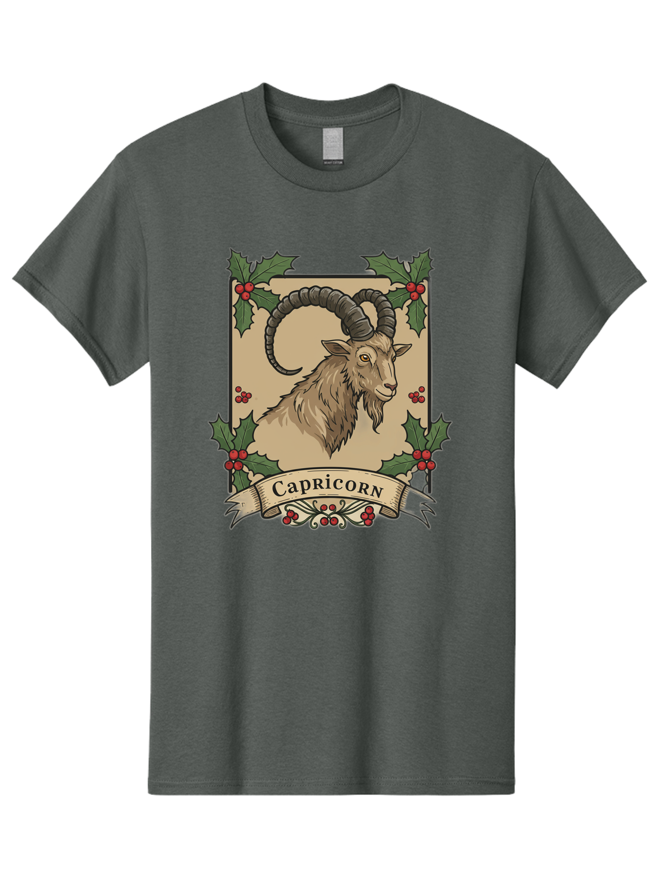 Capricorn-Goat Men'S Graphic Tee, 100% Cotton, Comfortable Casual Summer Wear, Machine Washable, Capricorn Zodiac Sign, Goat Illustration, Curved Horns, Vintage Design, Holly Leaves, Red Berries, Decorative Banner, Astrology Symbol, Bae146
