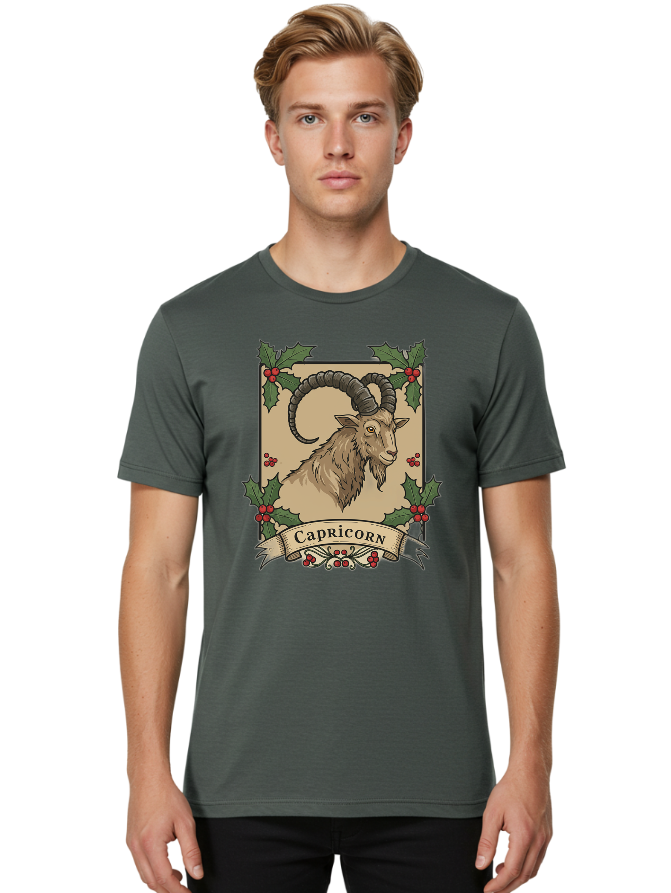 Capricorn-Goat Men'S Graphic Tee, 100% Cotton, Comfortable Casual Summer Wear, Machine Washable, Capricorn Zodiac Sign, Goat Illustration, Curved Horns, Vintage Design, Holly Leaves, Red Berries, Decorative Banner, Astrology Symbol, Bae146