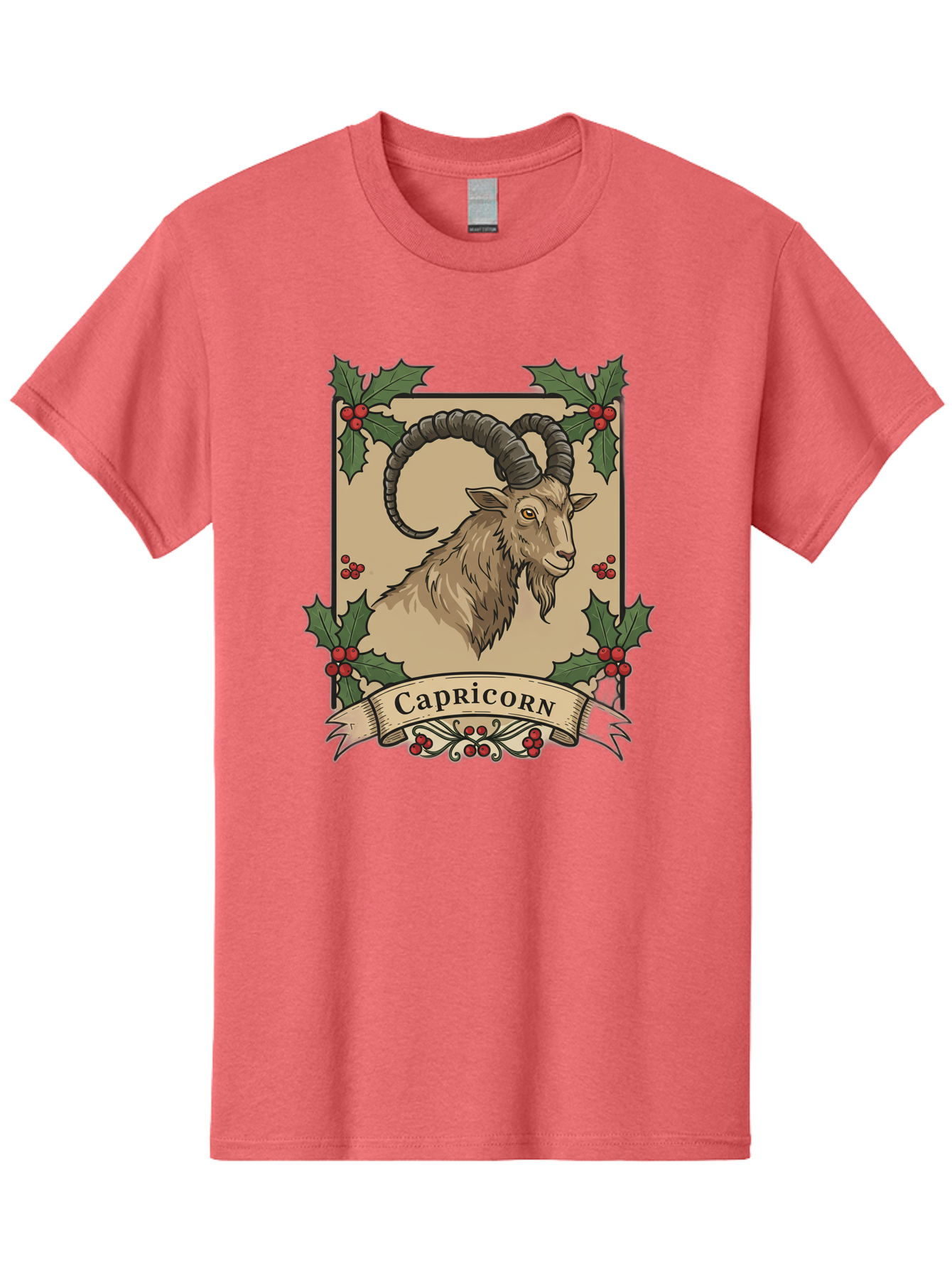 Capricorn-Goat Men'S Graphic Tee, 100% Cotton, Comfortable Casual Summer Wear, Machine Washable, Capricorn Zodiac Sign, Goat Illustration, Curved Horns, Vintage Design, Holly Leaves, Red Berries, Decorative Banner, Astrology Symbol, Bae146