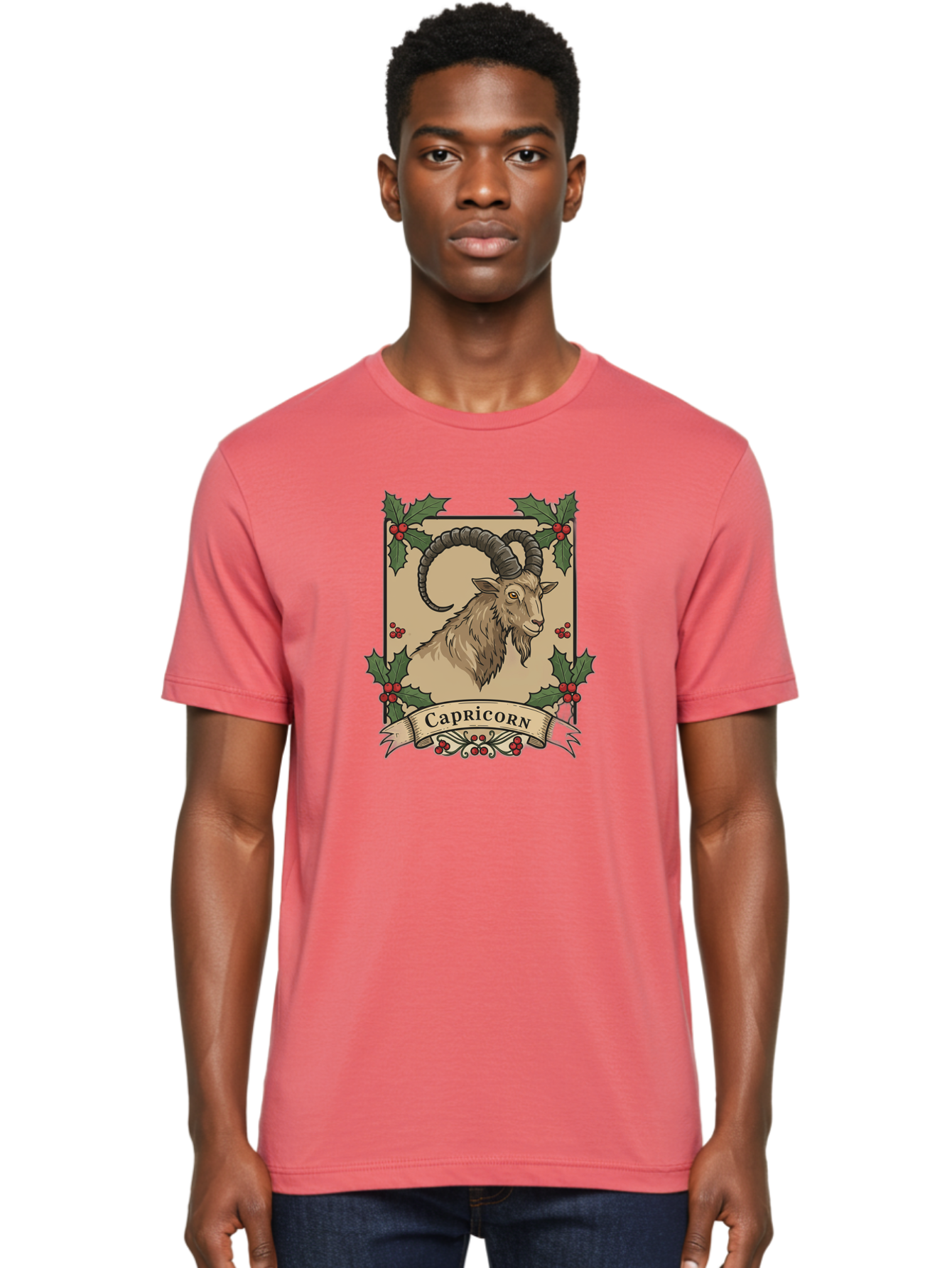 Capricorn-Goat Men'S Graphic Tee, 100% Cotton, Comfortable Casual Summer Wear, Machine Washable, Capricorn Zodiac Sign, Goat Illustration, Curved Horns, Vintage Design, Holly Leaves, Red Berries, Decorative Banner, Astrology Symbol, Bae146