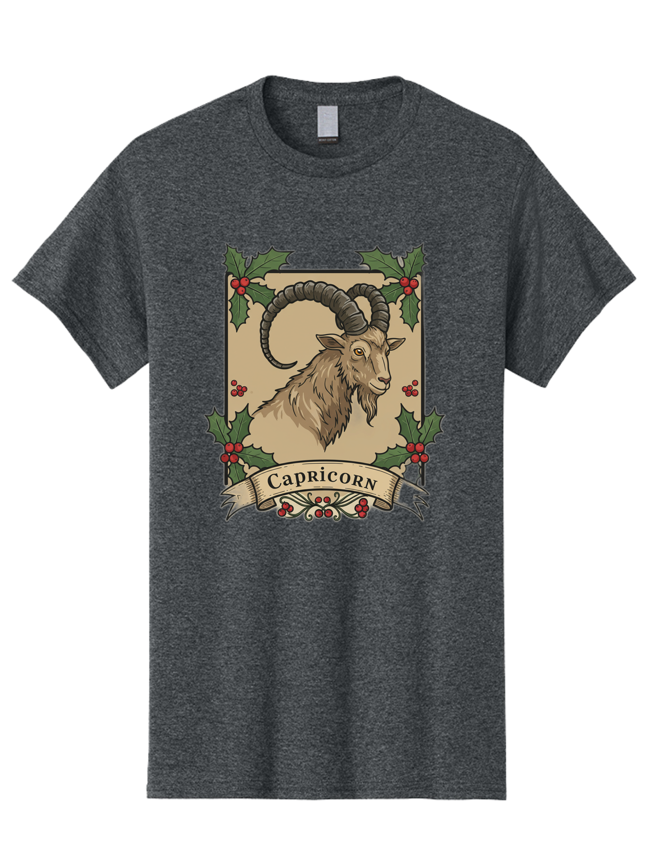 Capricorn-Goat Men'S Graphic Tee, 100% Cotton, Comfortable Casual Summer Wear, Machine Washable, Capricorn Zodiac Sign, Goat Illustration, Curved Horns, Vintage Design, Holly Leaves, Red Berries, Decorative Banner, Astrology Symbol, Bae146