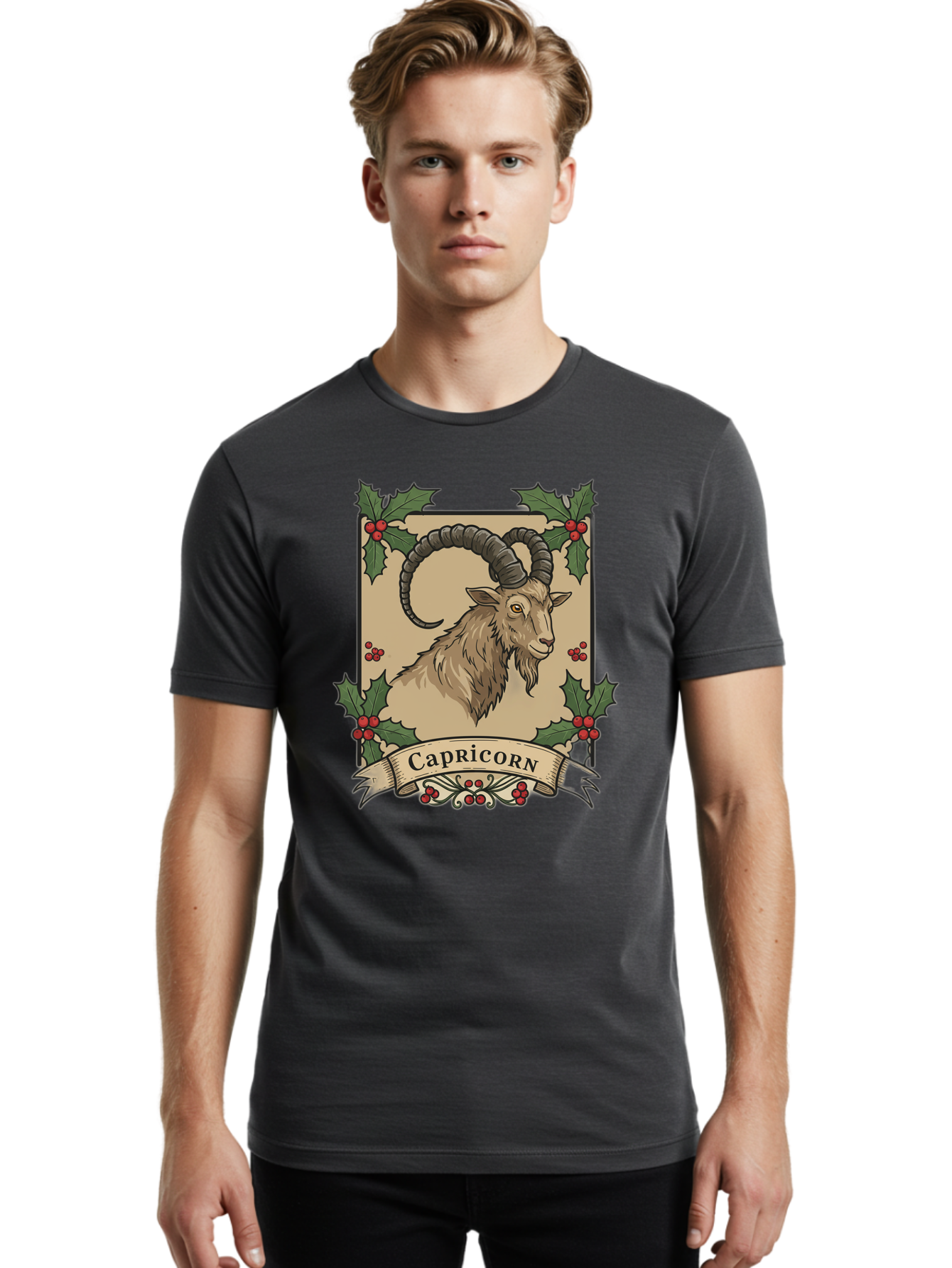 Capricorn-Goat Men'S Graphic Tee, 100% Cotton, Comfortable Casual Summer Wear, Machine Washable, Capricorn Zodiac Sign, Goat Illustration, Curved Horns, Vintage Design, Holly Leaves, Red Berries, Decorative Banner, Astrology Symbol, Bae146