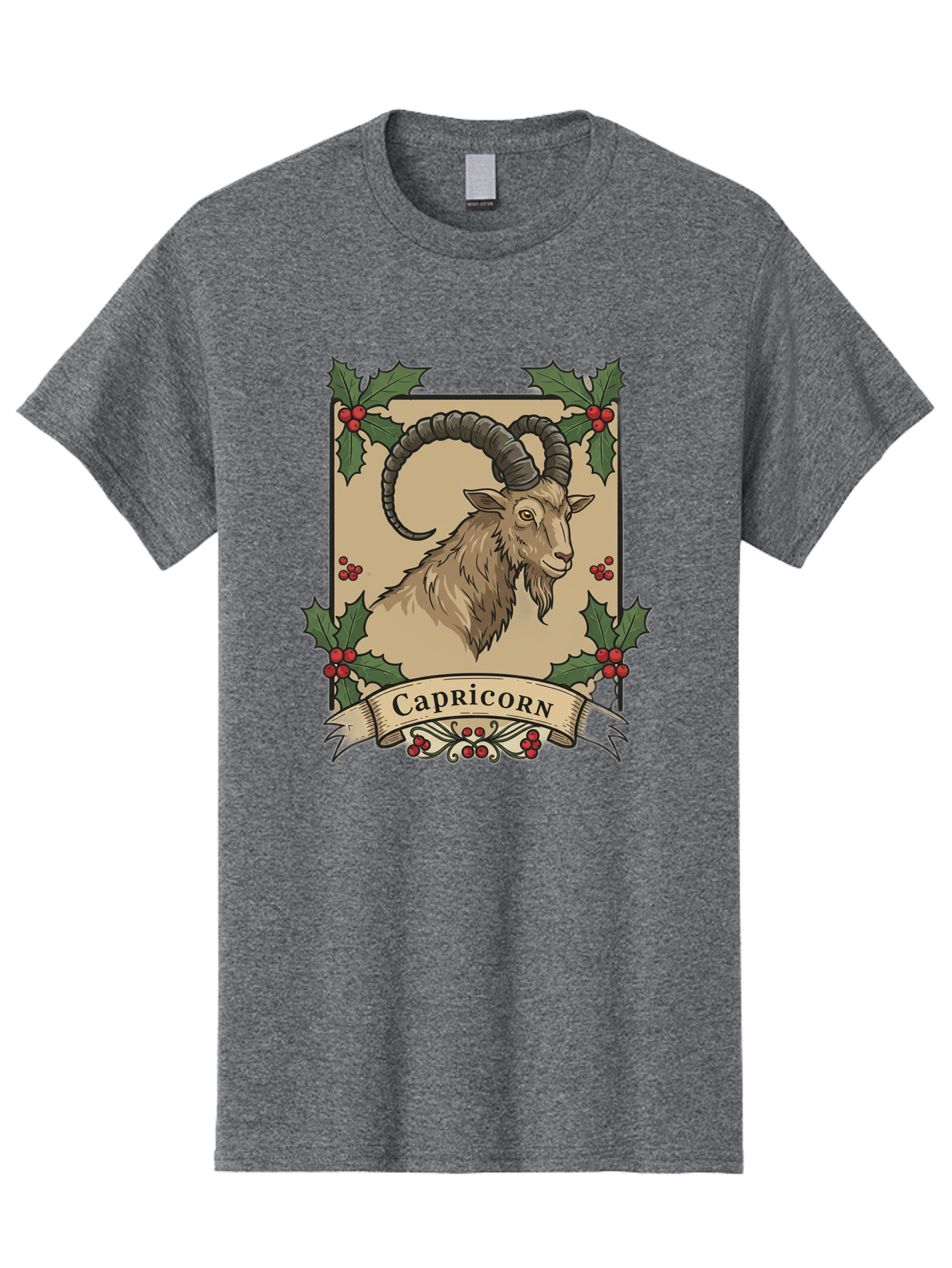 Capricorn-Goat Men'S Graphic Tee, 100% Cotton, Comfortable Casual Summer Wear, Machine Washable, Capricorn Zodiac Sign, Goat Illustration, Curved Horns, Vintage Design, Holly Leaves, Red Berries, Decorative Banner, Astrology Symbol, Bae146