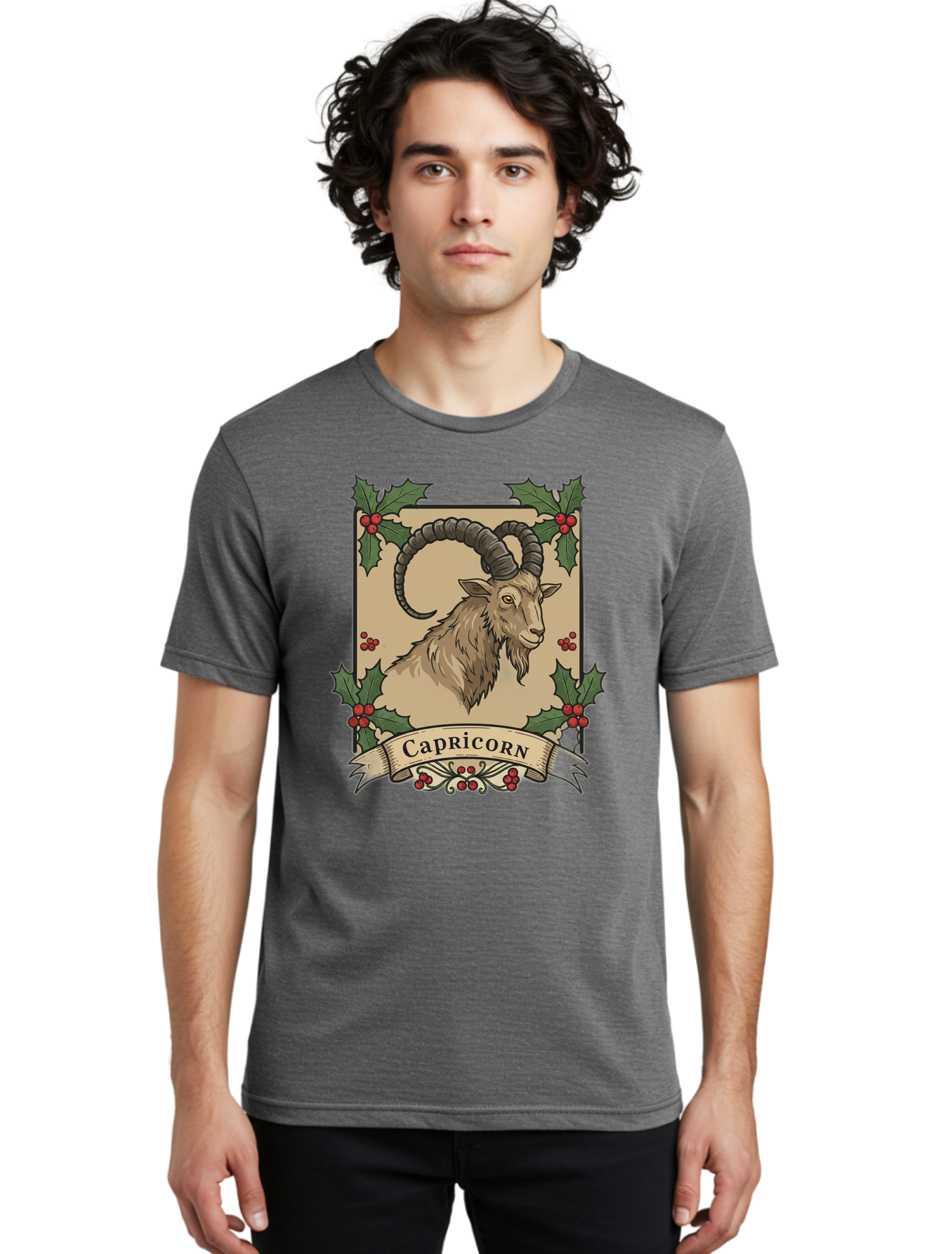 Capricorn-Goat Men'S Graphic Tee, 100% Cotton, Comfortable Casual Summer Wear, Machine Washable, Capricorn Zodiac Sign, Goat Illustration, Curved Horns, Vintage Design, Holly Leaves, Red Berries, Decorative Banner, Astrology Symbol, Bae146
