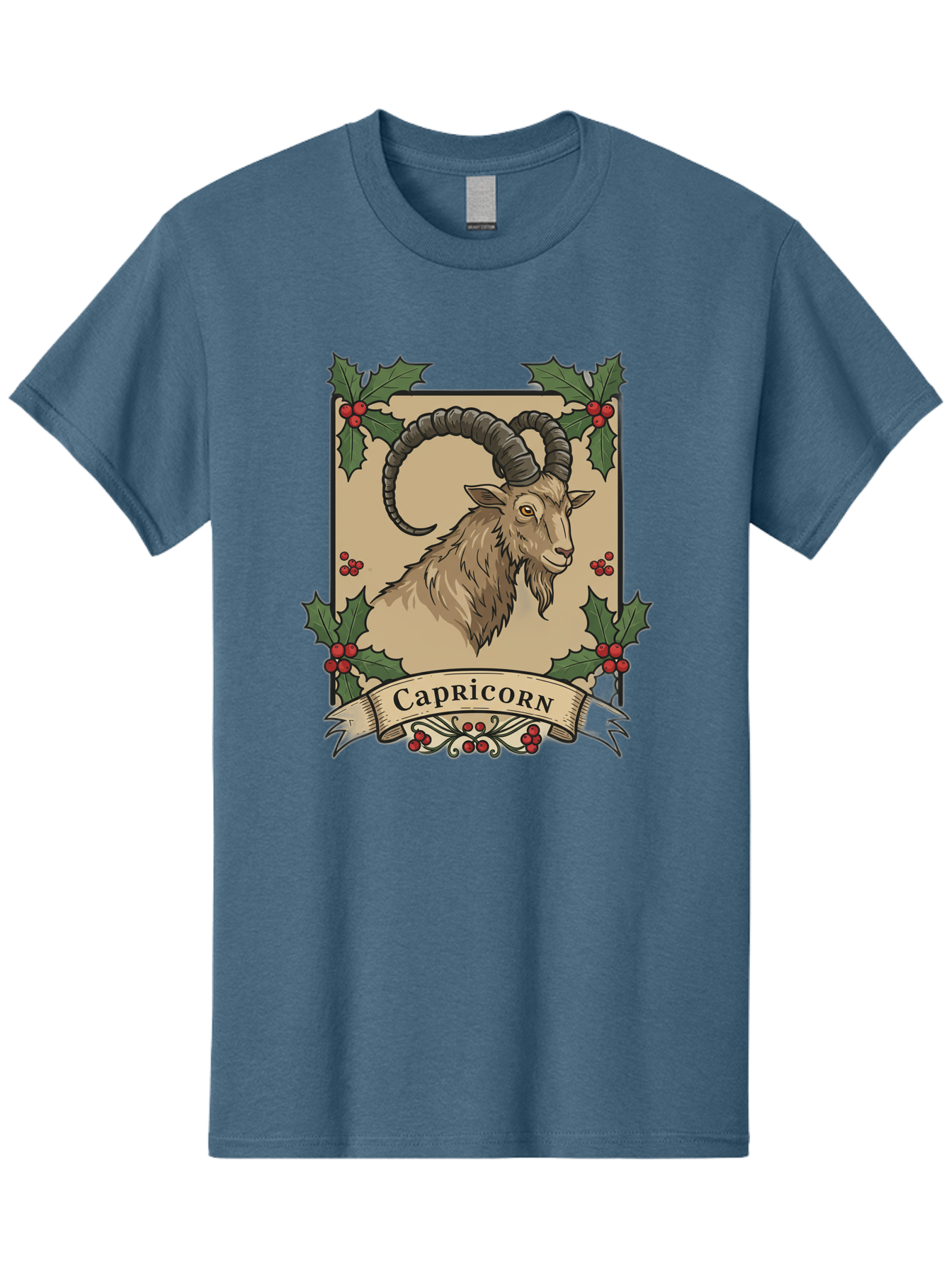Capricorn-Goat Men'S Graphic Tee, 100% Cotton, Comfortable Casual Summer Wear, Machine Washable, Capricorn Zodiac Sign, Goat Illustration, Curved Horns, Vintage Design, Holly Leaves, Red Berries, Decorative Banner, Astrology Symbol, Bae146