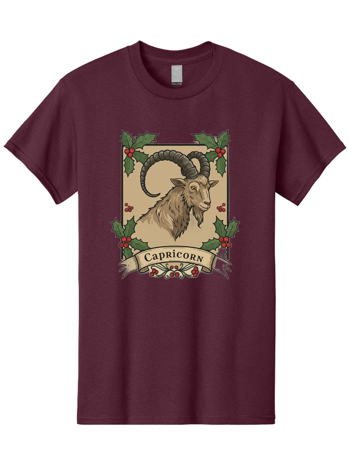 Capricorn-Goat Men'S Graphic Tee, 100% Cotton, Comfortable Casual Summer Wear, Machine Washable, Capricorn Zodiac Sign, Goat Illustration, Curved Horns, Vintage Design, Holly Leaves, Red Berries, Decorative Banner, Astrology Symbol, Bae146