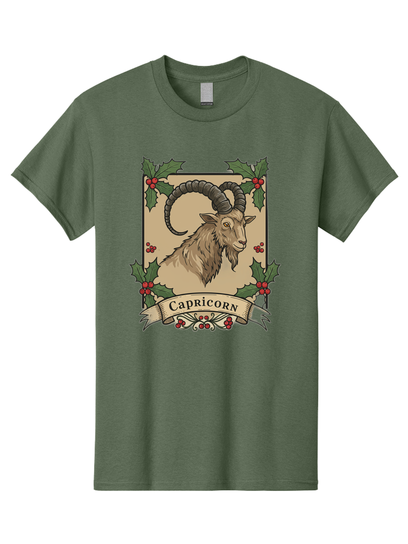 Capricorn-Goat Men'S Graphic Tee, 100% Cotton, Comfortable Casual Summer Wear, Machine Washable, Capricorn Zodiac Sign, Goat Illustration, Curved Horns, Vintage Design, Holly Leaves, Red Berries, Decorative Banner, Astrology Symbol, Bae146