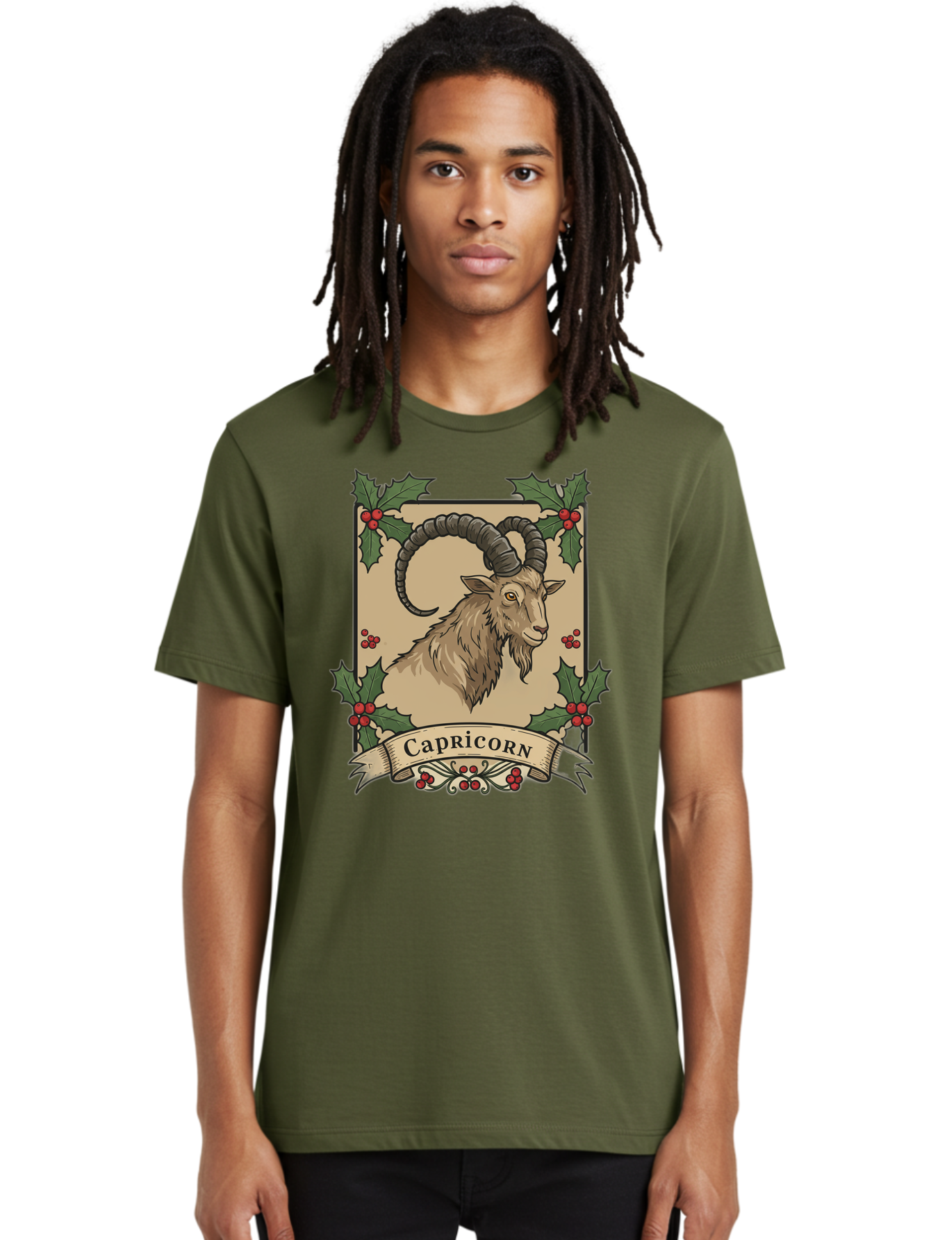 Capricorn-Goat Men'S Graphic Tee, 100% Cotton, Comfortable Casual Summer Wear, Machine Washable, Capricorn Zodiac Sign, Goat Illustration, Curved Horns, Vintage Design, Holly Leaves, Red Berries, Decorative Banner, Astrology Symbol, Bae146