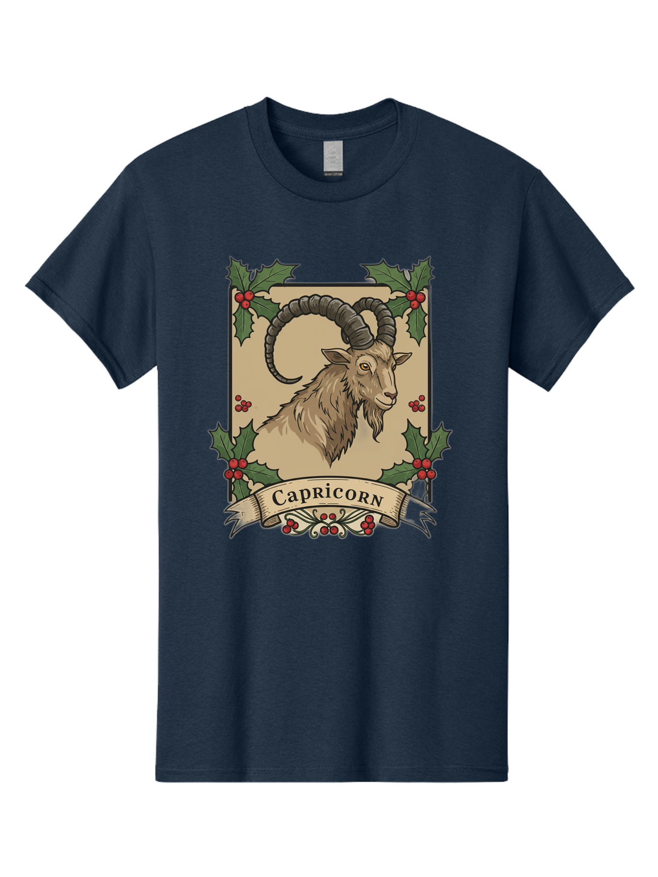Capricorn-Goat Men'S Graphic Tee, 100% Cotton, Comfortable Casual Summer Wear, Machine Washable, Capricorn Zodiac Sign, Goat Illustration, Curved Horns, Vintage Design, Holly Leaves, Red Berries, Decorative Banner, Astrology Symbol, Bae146
