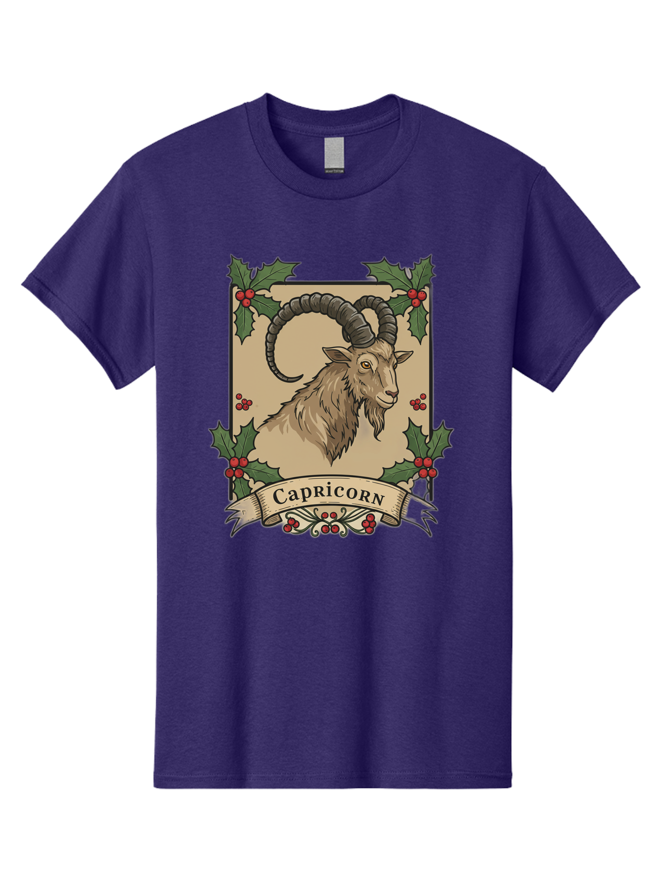 Capricorn-Goat Men'S Graphic Tee, 100% Cotton, Comfortable Casual Summer Wear, Machine Washable, Capricorn Zodiac Sign, Goat Illustration, Curved Horns, Vintage Design, Holly Leaves, Red Berries, Decorative Banner, Astrology Symbol, Bae146