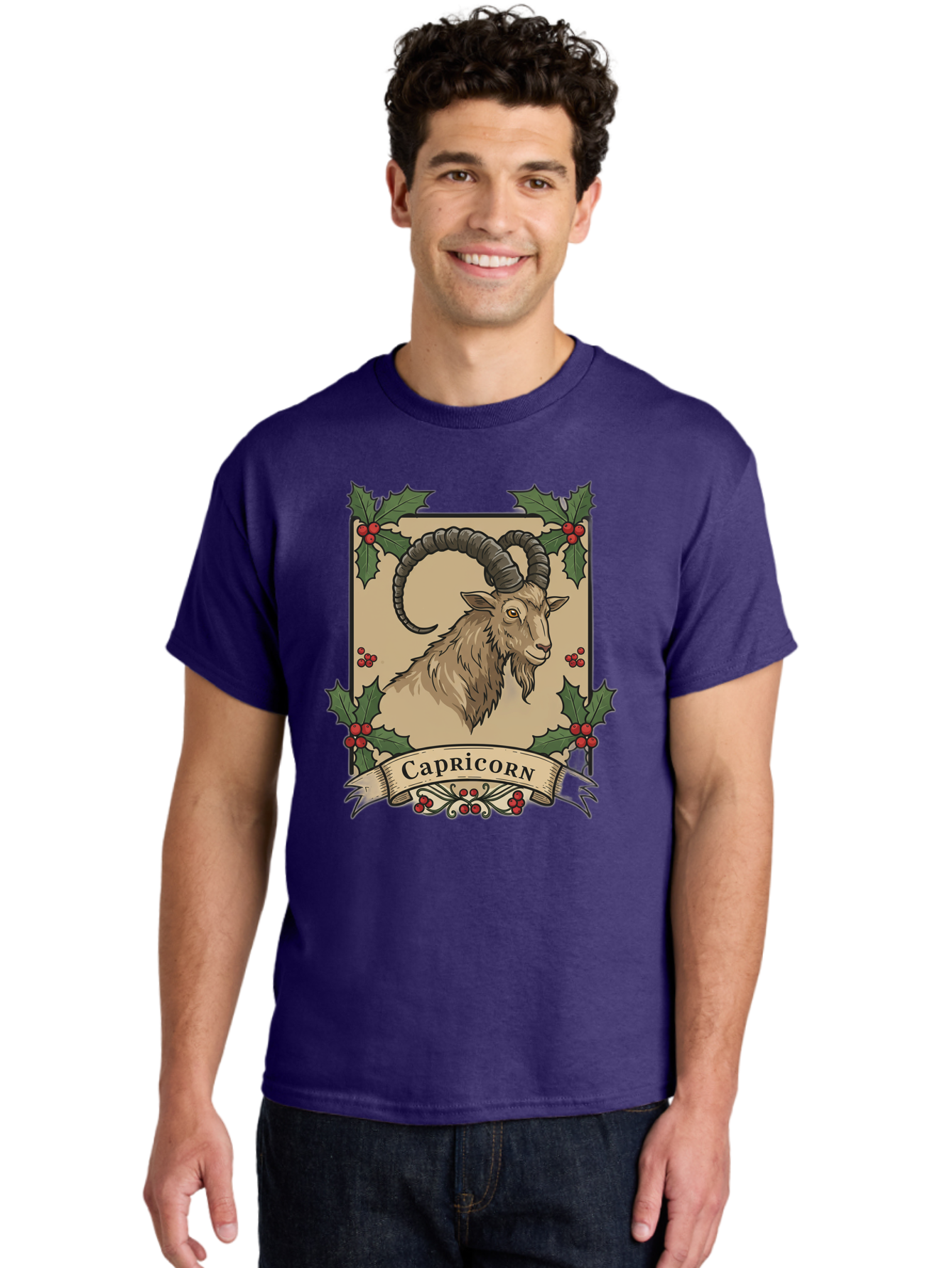 Capricorn-Goat Men'S Graphic Tee, 100% Cotton, Comfortable Casual Summer Wear, Machine Washable, Capricorn Zodiac Sign, Goat Illustration, Curved Horns, Vintage Design, Holly Leaves, Red Berries, Decorative Banner, Astrology Symbol, Bae146