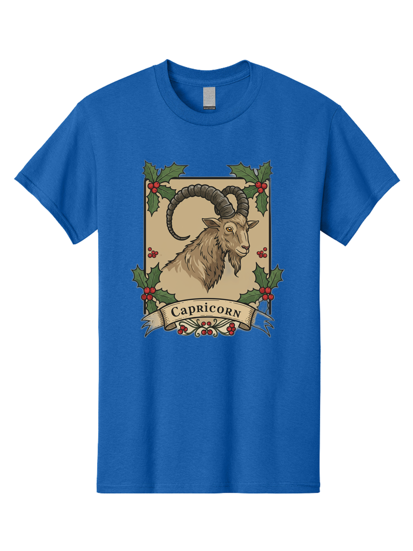 Capricorn-Goat Men'S Graphic Tee, 100% Cotton, Comfortable Casual Summer Wear, Machine Washable, Capricorn Zodiac Sign, Goat Illustration, Curved Horns, Vintage Design, Holly Leaves, Red Berries, Decorative Banner, Astrology Symbol, Bae146