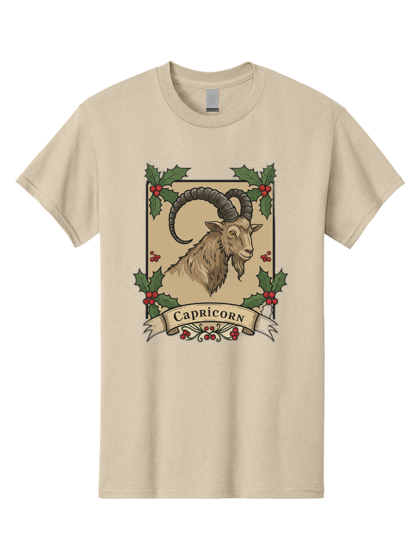 Capricorn-Goat Men'S Graphic Tee, 100% Cotton, Comfortable Casual Summer Wear, Machine Washable, Capricorn Zodiac Sign, Goat Illustration, Curved Horns, Vintage Design, Holly Leaves, Red Berries, Decorative Banner, Astrology Symbol, Bae146