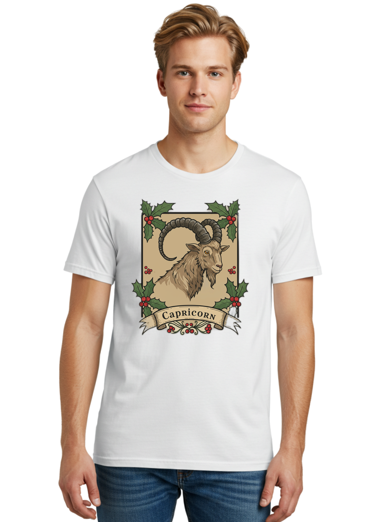 Capricorn-Goat Men'S Graphic Tee, 100% Cotton, Comfortable Casual Summer Wear, Machine Washable, Capricorn Zodiac Sign, Goat Illustration, Curved Horns, Vintage Design, Holly Leaves, Red Berries, Decorative Banner, Astrology Symbol, Bae146