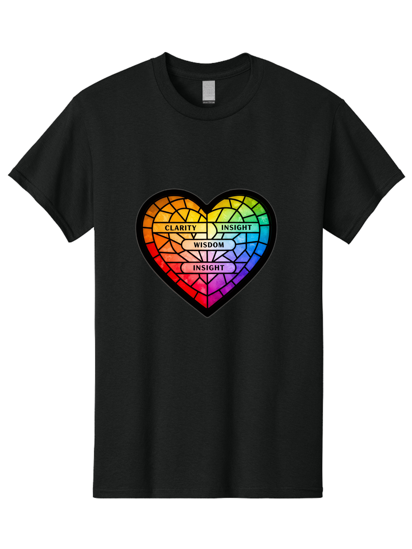 Clarity-Insight-Wisdom Men'S Graphic Tee, 100% Cotton, Comfortable Casual Summer Wear, Machine Washable, Stained Glass Heart, Rainbow Colors, Clarity, Insight, Wisdom, Inspirational Art, Colorful Design, Motivational Quotes, Vibrant Heart Bae150