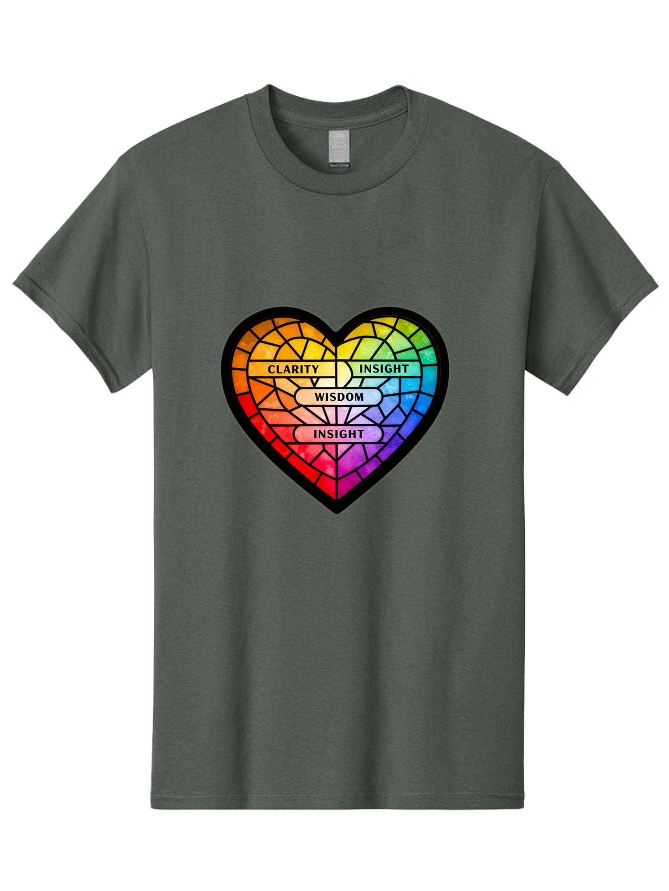 Clarity-Insight-Wisdom Men'S Graphic Tee, 100% Cotton, Comfortable Casual Summer Wear, Machine Washable, Stained Glass Heart, Rainbow Colors, Clarity, Insight, Wisdom, Inspirational Art, Colorful Design, Motivational Quotes, Vibrant Heart Bae150