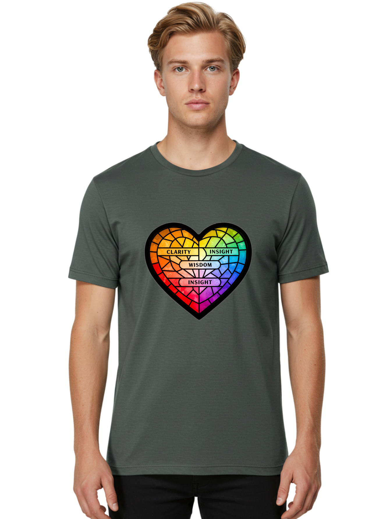 Clarity-Insight-Wisdom Men'S Graphic Tee, 100% Cotton, Comfortable Casual Summer Wear, Machine Washable, Stained Glass Heart, Rainbow Colors, Clarity, Insight, Wisdom, Inspirational Art, Colorful Design, Motivational Quotes, Vibrant Heart Bae150