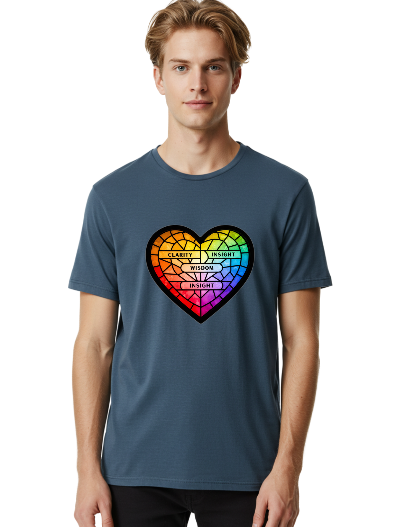 Clarity-Insight-Wisdom Men'S Graphic Tee, 100% Cotton, Comfortable Casual Summer Wear, Machine Washable, Stained Glass Heart, Rainbow Colors, Clarity, Insight, Wisdom, Inspirational Art, Colorful Design, Motivational Quotes, Vibrant Heart Bae150