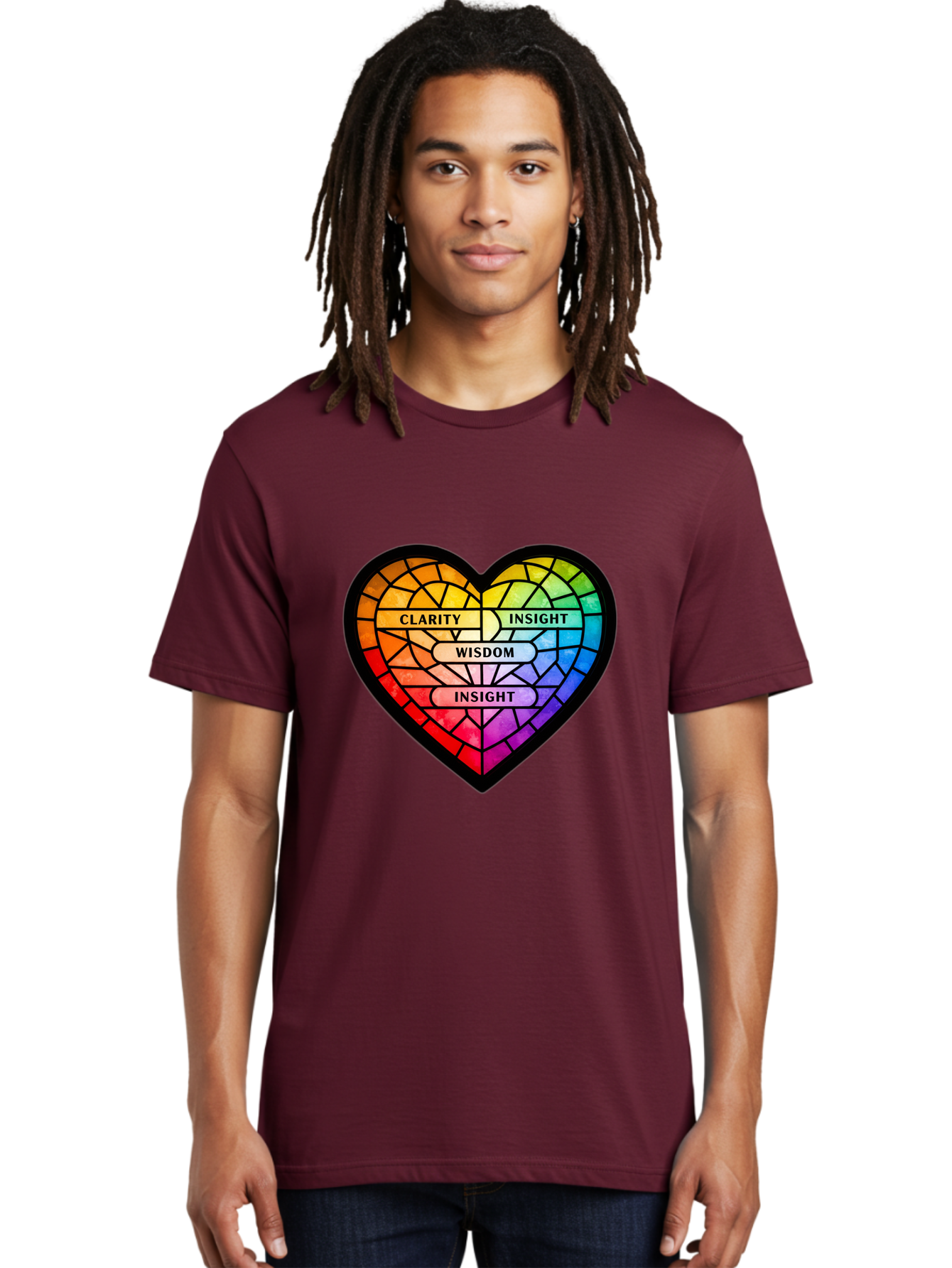 Clarity-Insight-Wisdom Men'S Graphic Tee, 100% Cotton, Comfortable Casual Summer Wear, Machine Washable, Stained Glass Heart, Rainbow Colors, Clarity, Insight, Wisdom, Inspirational Art, Colorful Design, Motivational Quotes, Vibrant Heart Bae150