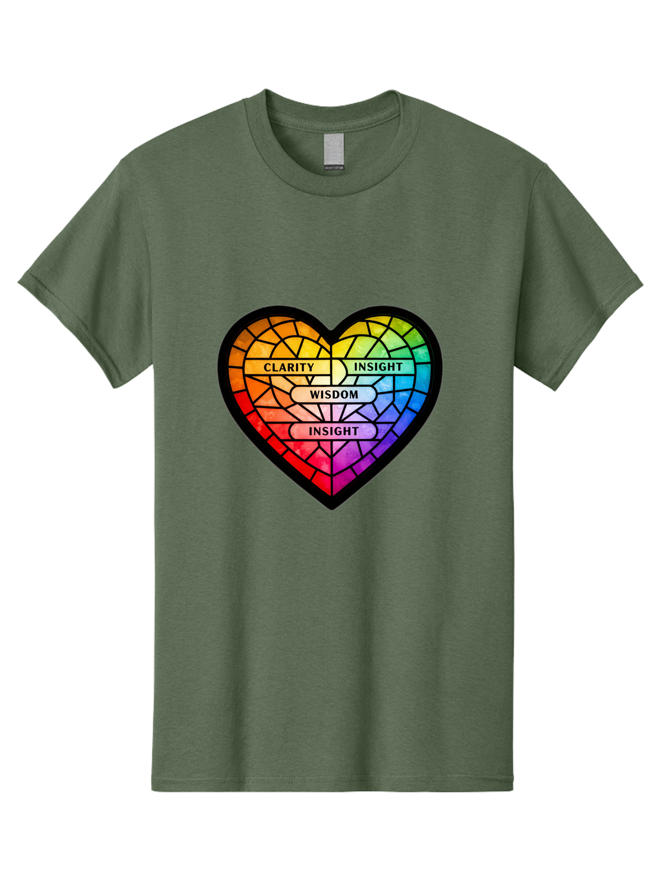 Clarity-Insight-Wisdom Men'S Graphic Tee, 100% Cotton, Comfortable Casual Summer Wear, Machine Washable, Stained Glass Heart, Rainbow Colors, Clarity, Insight, Wisdom, Inspirational Art, Colorful Design, Motivational Quotes, Vibrant Heart Bae150