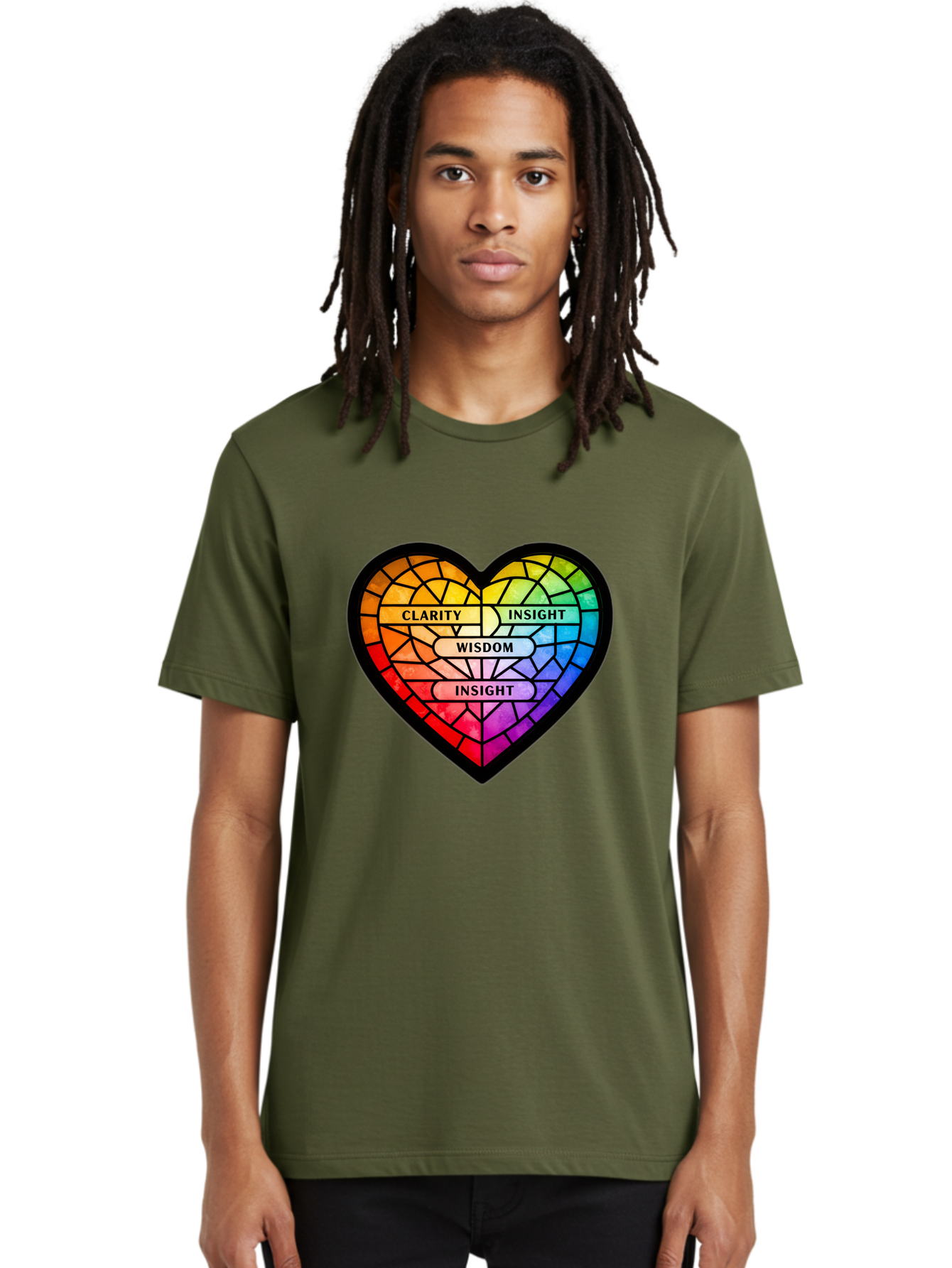 Clarity-Insight-Wisdom Men'S Graphic Tee, 100% Cotton, Comfortable Casual Summer Wear, Machine Washable, Stained Glass Heart, Rainbow Colors, Clarity, Insight, Wisdom, Inspirational Art, Colorful Design, Motivational Quotes, Vibrant Heart Bae150