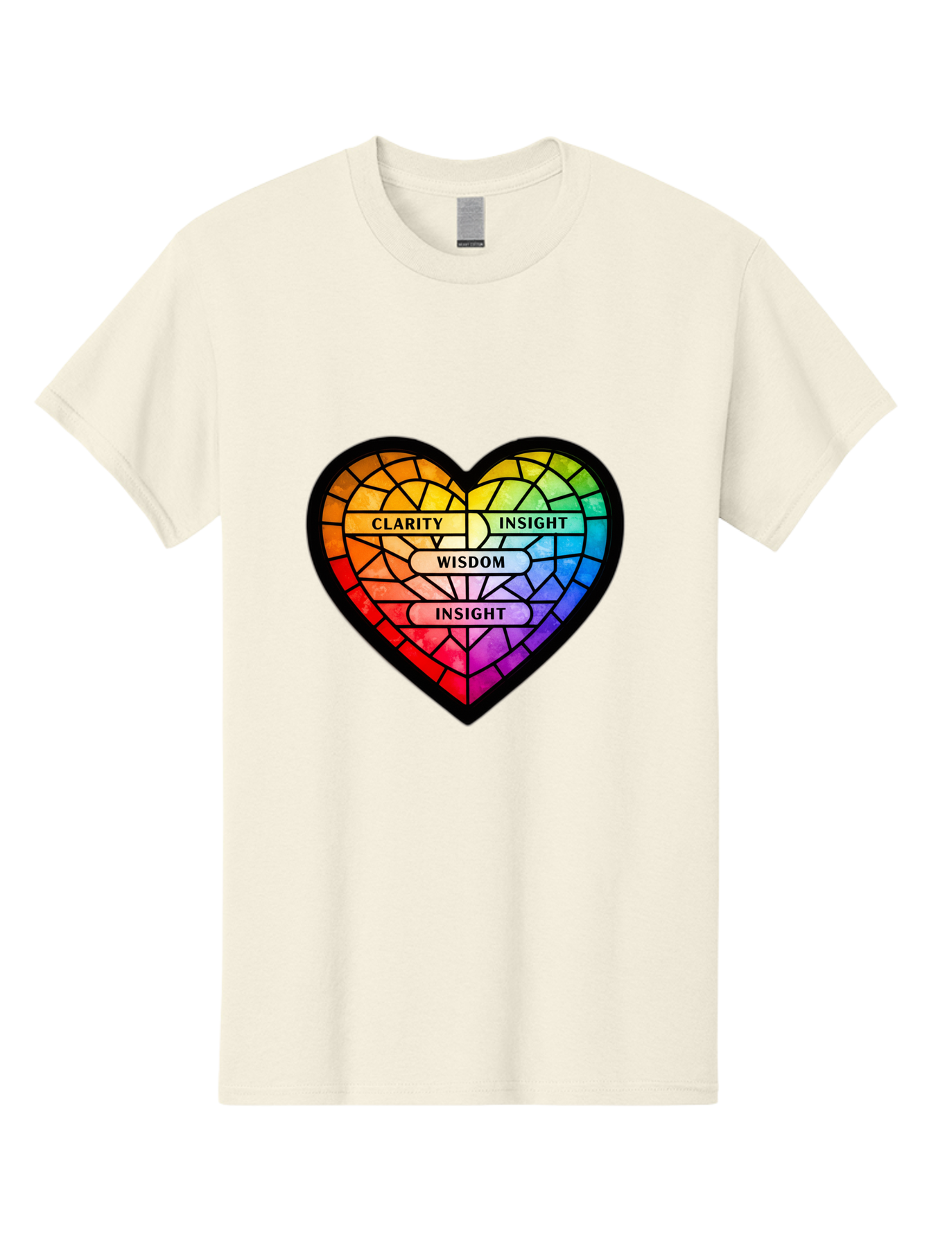 Clarity-Insight-Wisdom Men'S Graphic Tee, 100% Cotton, Comfortable Casual Summer Wear, Machine Washable, Stained Glass Heart, Rainbow Colors, Clarity, Insight, Wisdom, Inspirational Art, Colorful Design, Motivational Quotes, Vibrant Heart Bae150