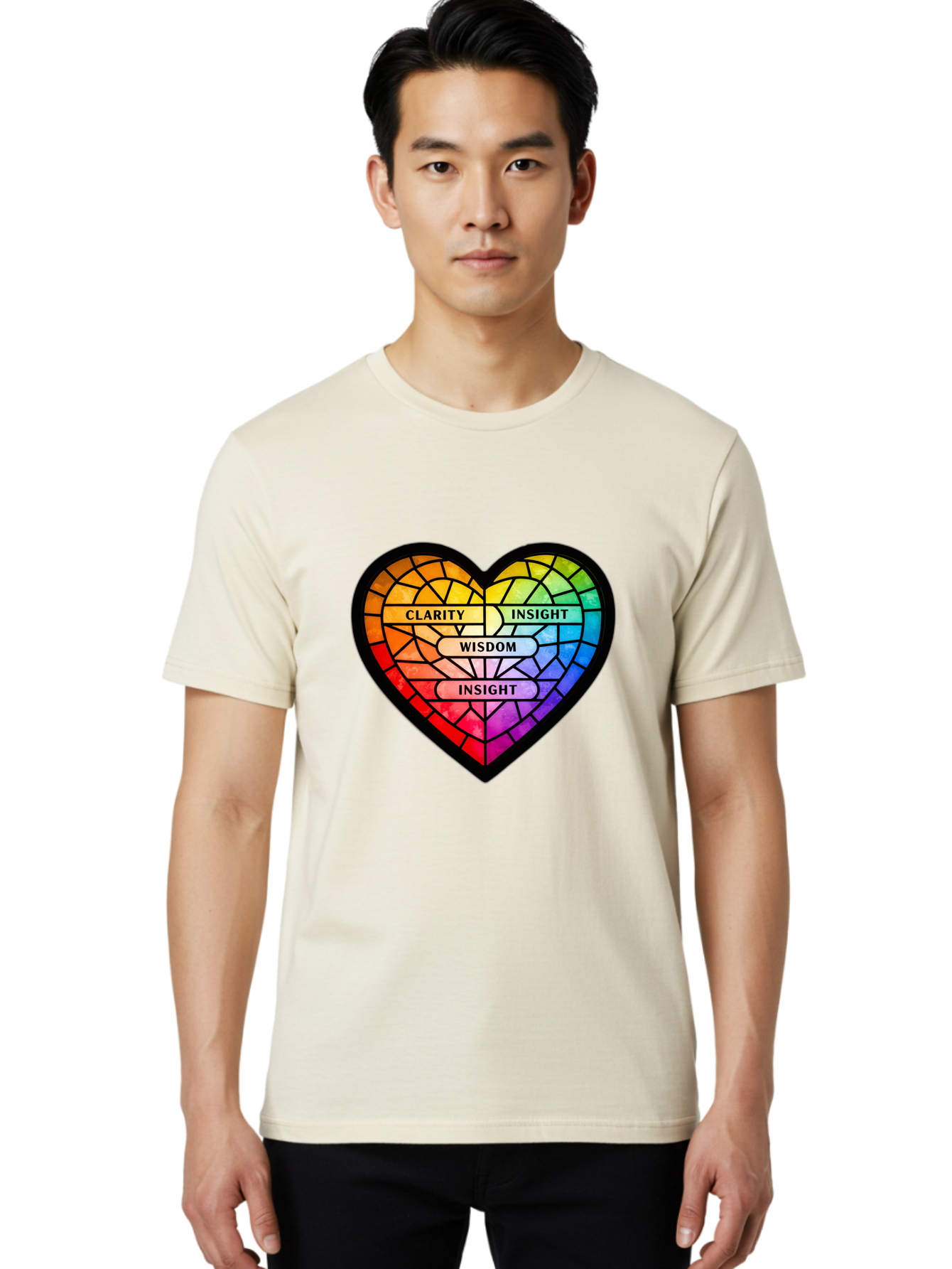 Clarity-Insight-Wisdom Men'S Graphic Tee, 100% Cotton, Comfortable Casual Summer Wear, Machine Washable, Stained Glass Heart, Rainbow Colors, Clarity, Insight, Wisdom, Inspirational Art, Colorful Design, Motivational Quotes, Vibrant Heart Bae150
