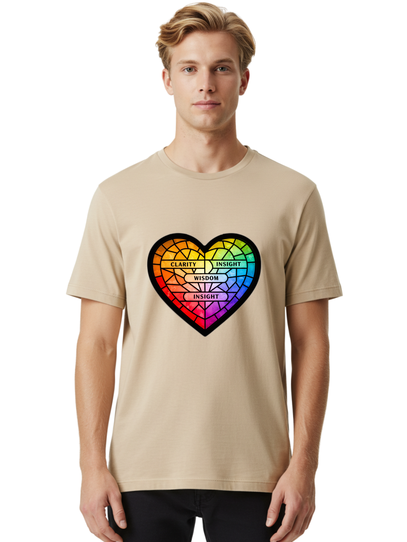 Clarity-Insight-Wisdom Men'S Graphic Tee, 100% Cotton, Comfortable Casual Summer Wear, Machine Washable, Stained Glass Heart, Rainbow Colors, Clarity, Insight, Wisdom, Inspirational Art, Colorful Design, Motivational Quotes, Vibrant Heart Bae150