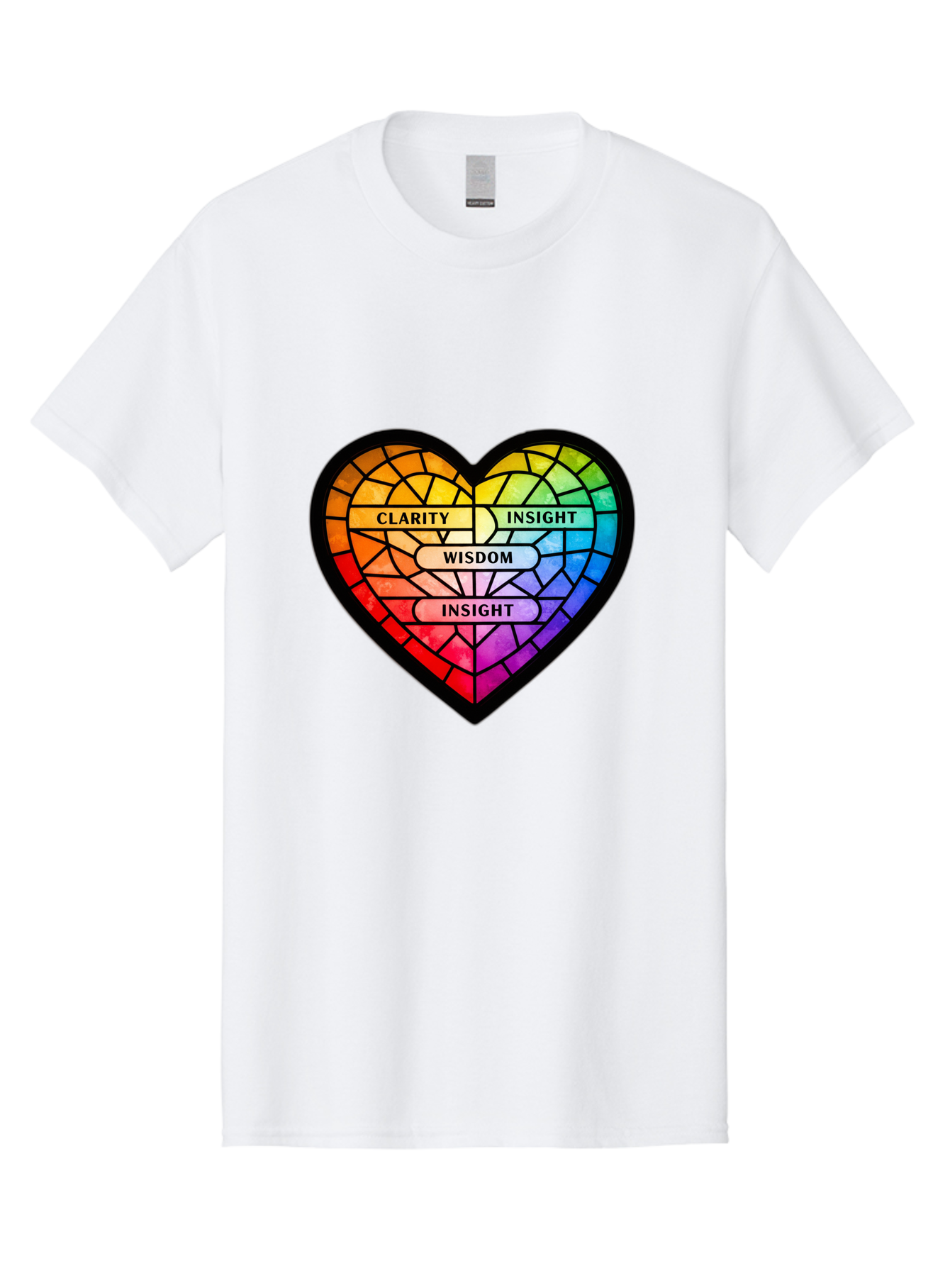 Clarity-Insight-Wisdom Men'S Graphic Tee, 100% Cotton, Comfortable Casual Summer Wear, Machine Washable, Stained Glass Heart, Rainbow Colors, Clarity, Insight, Wisdom, Inspirational Art, Colorful Design, Motivational Quotes, Vibrant Heart Bae150