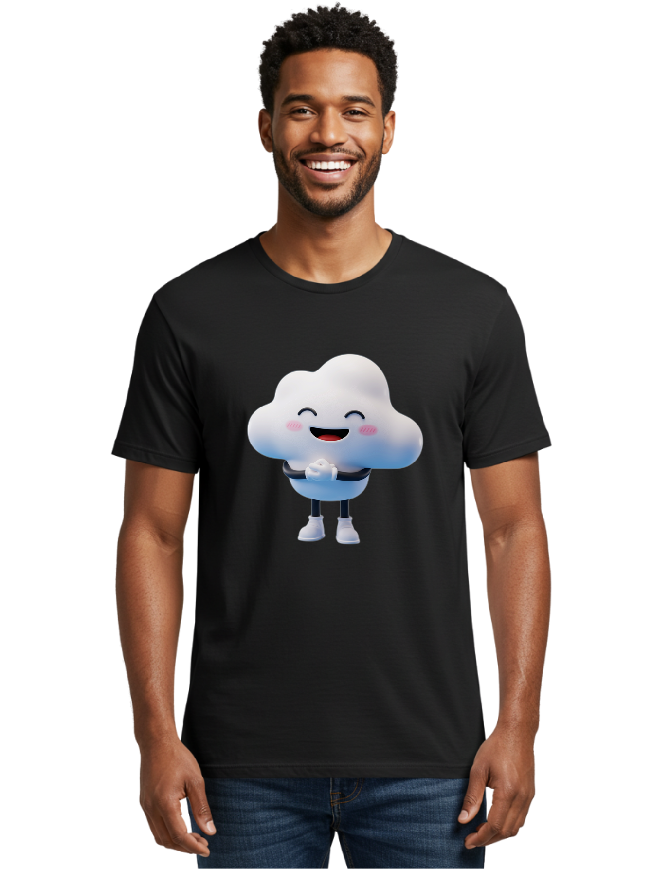 Cloud-Character Men'S Graphic Tee, 100% Cotton, Comfortable Casual Summer Wear, Machine Washable, Cartoon Cloud, Smiling Face, Rosy Cheeks, Happy Expression, Cute Design, Kawaii Character, Digital Illustration, Fluffy Cloud, Friendly Demeanor, Bae152