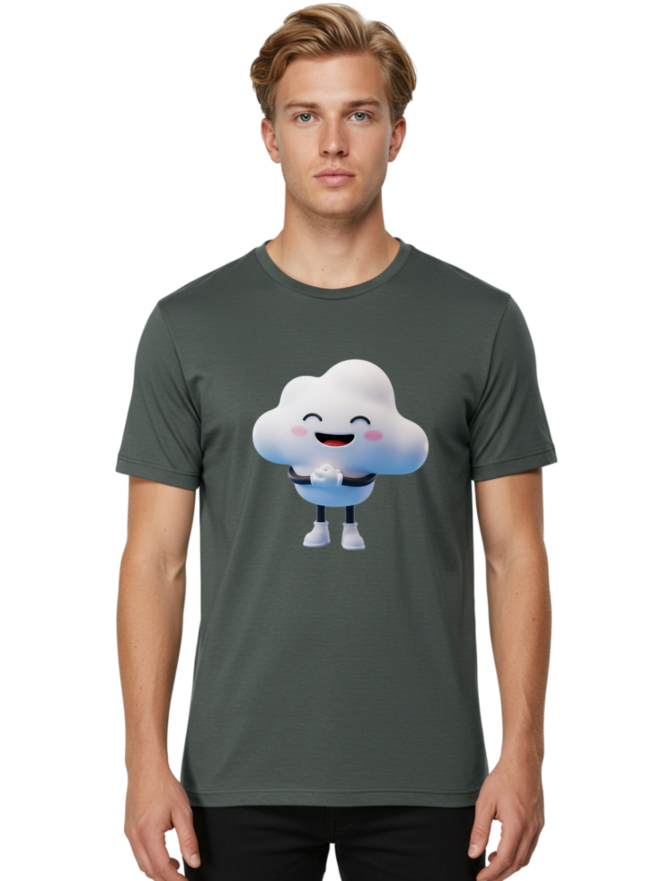 Cloud-Character Men'S Graphic Tee, 100% Cotton, Comfortable Casual Summer Wear, Machine Washable, Cartoon Cloud, Smiling Face, Rosy Cheeks, Happy Expression, Cute Design, Kawaii Character, Digital Illustration, Fluffy Cloud, Friendly Demeanor, Bae152