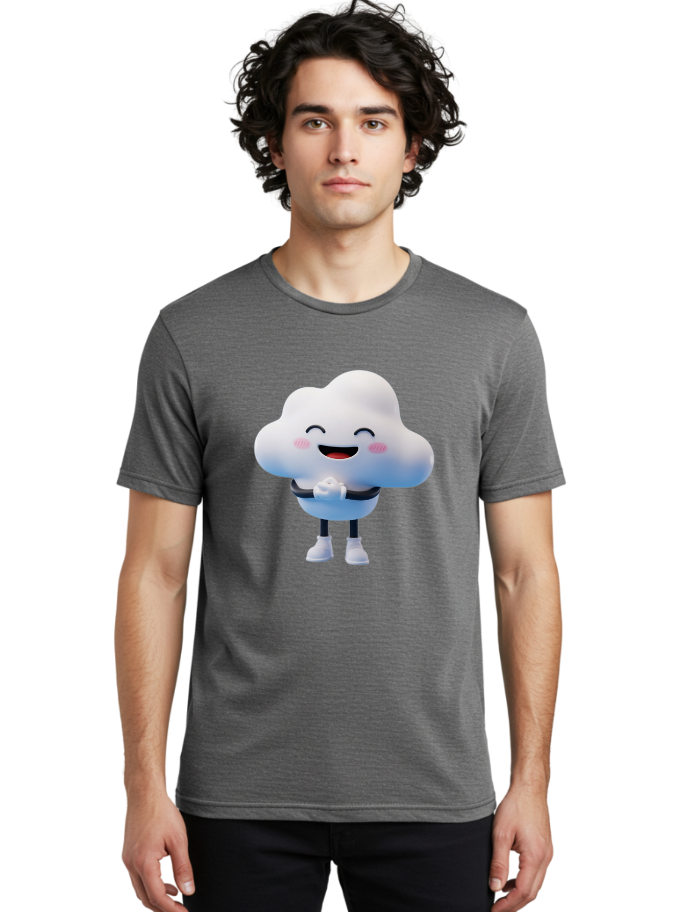 Cloud-Character Men'S Graphic Tee, 100% Cotton, Comfortable Casual Summer Wear, Machine Washable, Cartoon Cloud, Smiling Face, Rosy Cheeks, Happy Expression, Cute Design, Kawaii Character, Digital Illustration, Fluffy Cloud, Friendly Demeanor, Bae152